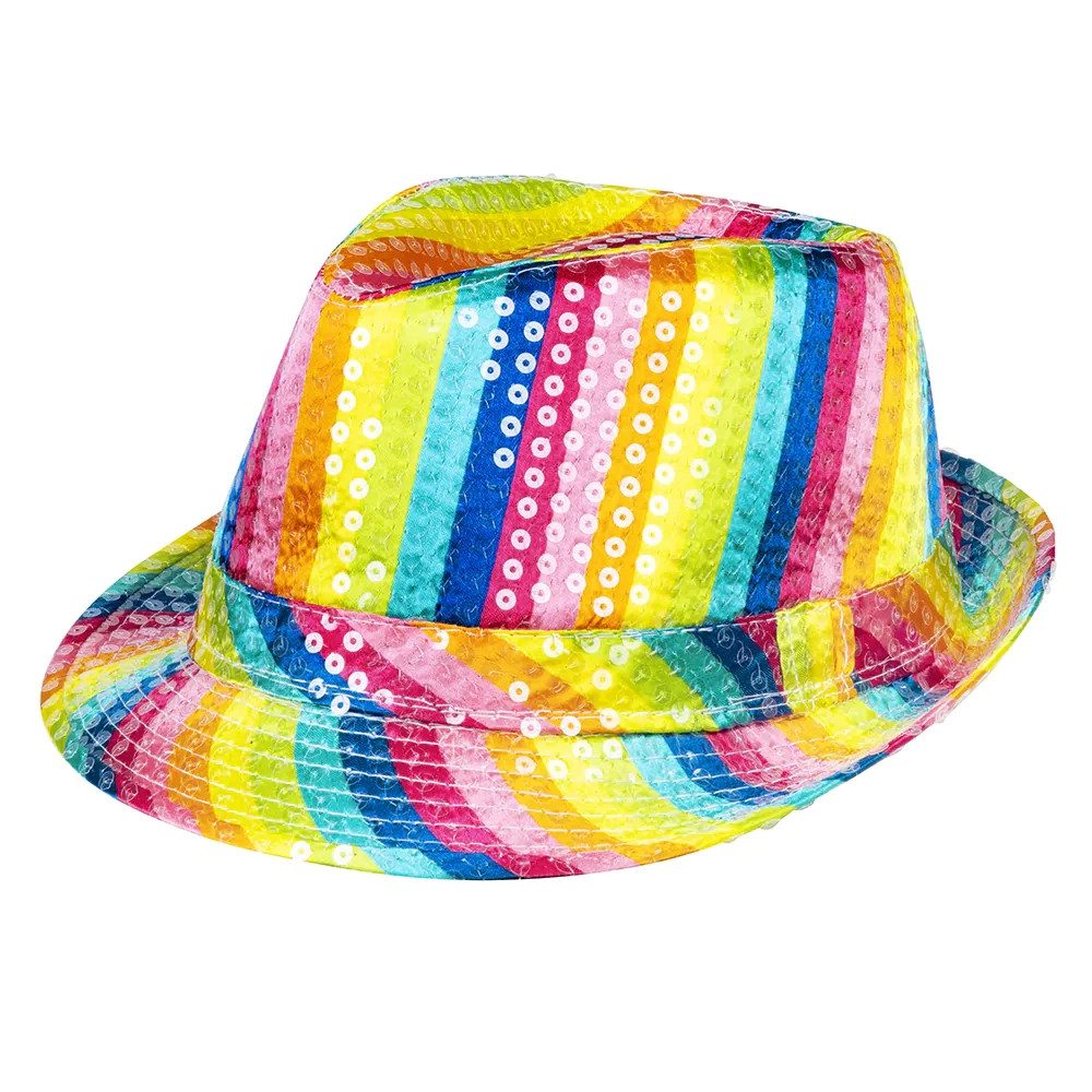 Boland Kostüm Pailletten-Hut glitzernd Popstar Hut Regenbogen für Karneval Disco, farbenfrohes Basic-Accessoire für Karneval, Disco und Festivals