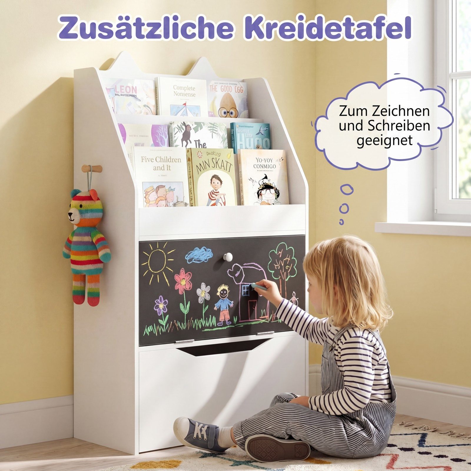 COSTWAY Kinderregal, mit 2 Haken, 3 Regalen, abnehmbarer Schublade mit Rollen