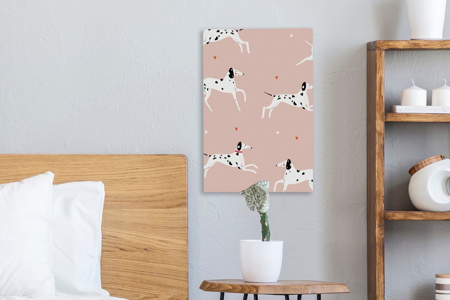 20x30 (1 inkl. mit Leinwandbild einem fertig cm bespannt Dalmatiner auf laufenden St), Gemälde, Leinwandbild Zackenaufhänger, rosa Doggy Hintergrund, Illustration OneMillionCanvasses®