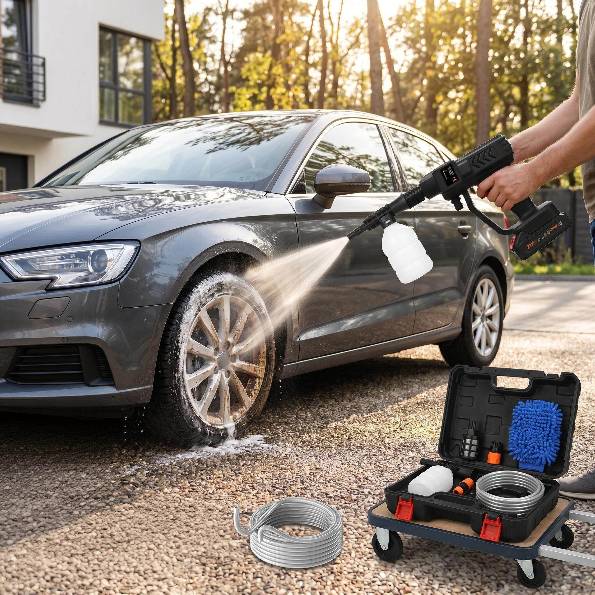 GARRYFIZH Hochdruckpistole Akku Hochdruckreiniger Akku Druckreiniger für Fahrzeugreinigung, 2 Batterien, mit Multifunktionsdüse