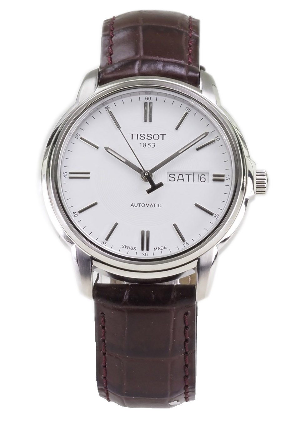 Tissot Automatikuhr Tissot T0654301603100 < Tissot T0654301603100 Kollektion: T-Classic Artikel-Nr. 85755331 Anzeige: Analog Uhrenglas: kratzfestes Saphirglas Gehäuse Höhe: 10mm Gehäuse Maße: 40mm Geliefert in Uhrenbox mit Bedienungsanleitung •Marke: Tissot • Herren Uhr • Swiss Made • Artikelnummer: T109.410.17.077.00 • Anzeige: Analog • Uhrwerk: Automatik • Funktionen: Stunden-, Minuten- und Sekundenanzeige • Funktionen: Datumsanzeige • Material: Edelstahl 316 • Oberfläche: glänzend • Gehäuse Höhe: 10 mm • Gehäuse Maße: 40 mm • Zifferblatt: weiß • Zeigerfarbe: silberfarben • Index: silberfarben • Uhrenglas: kratzfestes Saphirglas • Uhrenarmband: braunes Leder • Bandanschlag: 19mm • Schließe: Dornschließe • maximaler Armumfang: 205 mm • minimaler Armumfang: 165 mm • Gewicht der Uhr: ca. 70 gramm • Waterresistant: 3 ATM • Geliefert in Uhrenbox mit Bedienungsanleitung, (Silber)