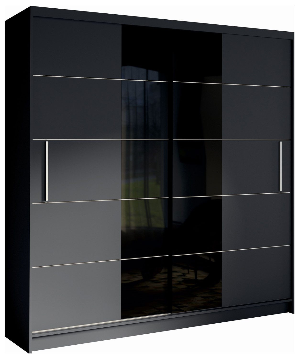 Feldmann-Wohnen Schiebetürenschrank Bruno (2 Türen, 4 Ablageböden, 2 Kleiderstangen, 1-St., moderne Optik, Griffleisten, ohne Soft-Close, Füße aus Kunststoff) 200,4x60x215cm graphitgrau / schwarz glänzend, 2-türig