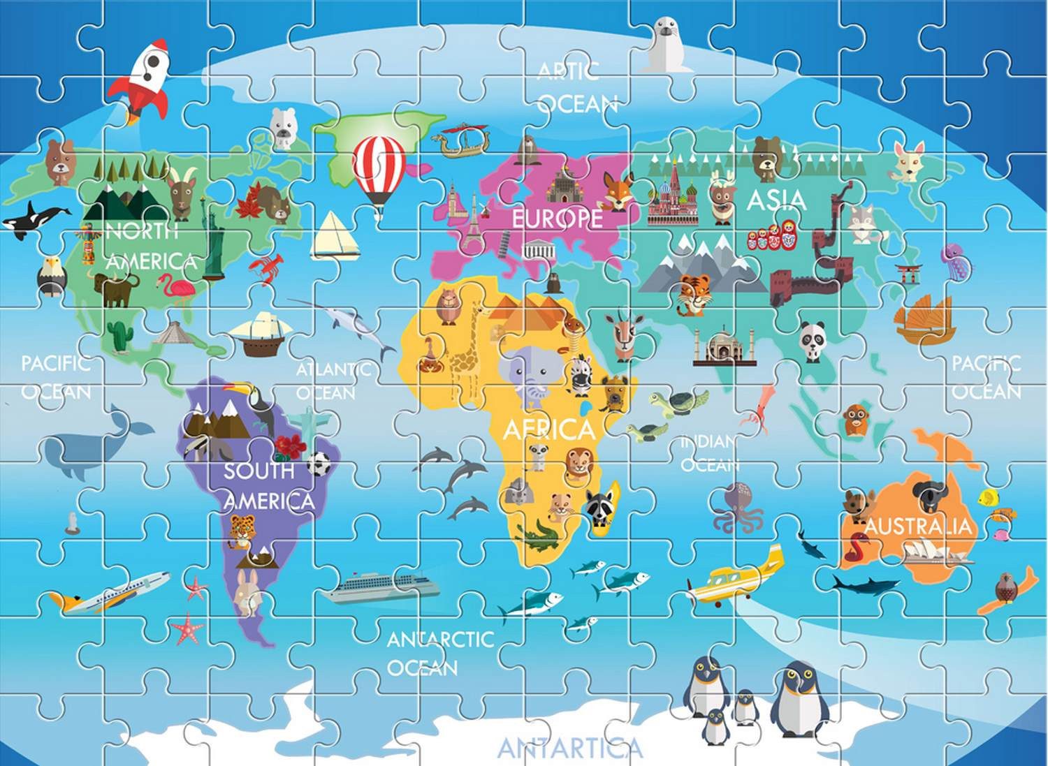 Diakakis Steckpuzzle Lernpuzzle Weltkarte mit Tieren 100-tlg. 49x36 cm, Puzzleteile