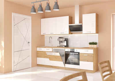 Küchen-Preisbombe Küchenzeile Eiche Artisan Weiß 250 cm Küche Hochglanz Küchenblock Einbauküche