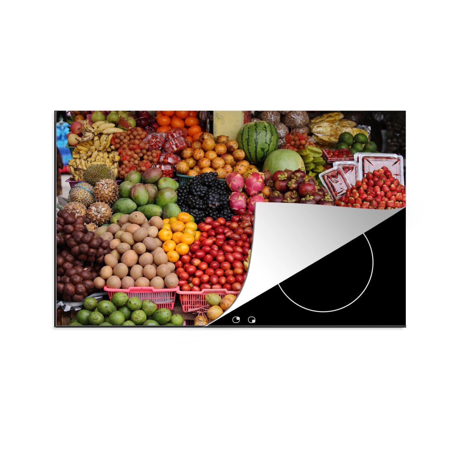 MuchoWow Herdblende-/Abdeckplatte Obst - Kiste - Tropisch - Indonesien, Vinyl, (1 tlg), 81x52 cm, Induktionskochfeld Schutz für die küche, Ceranfeldabdeckung