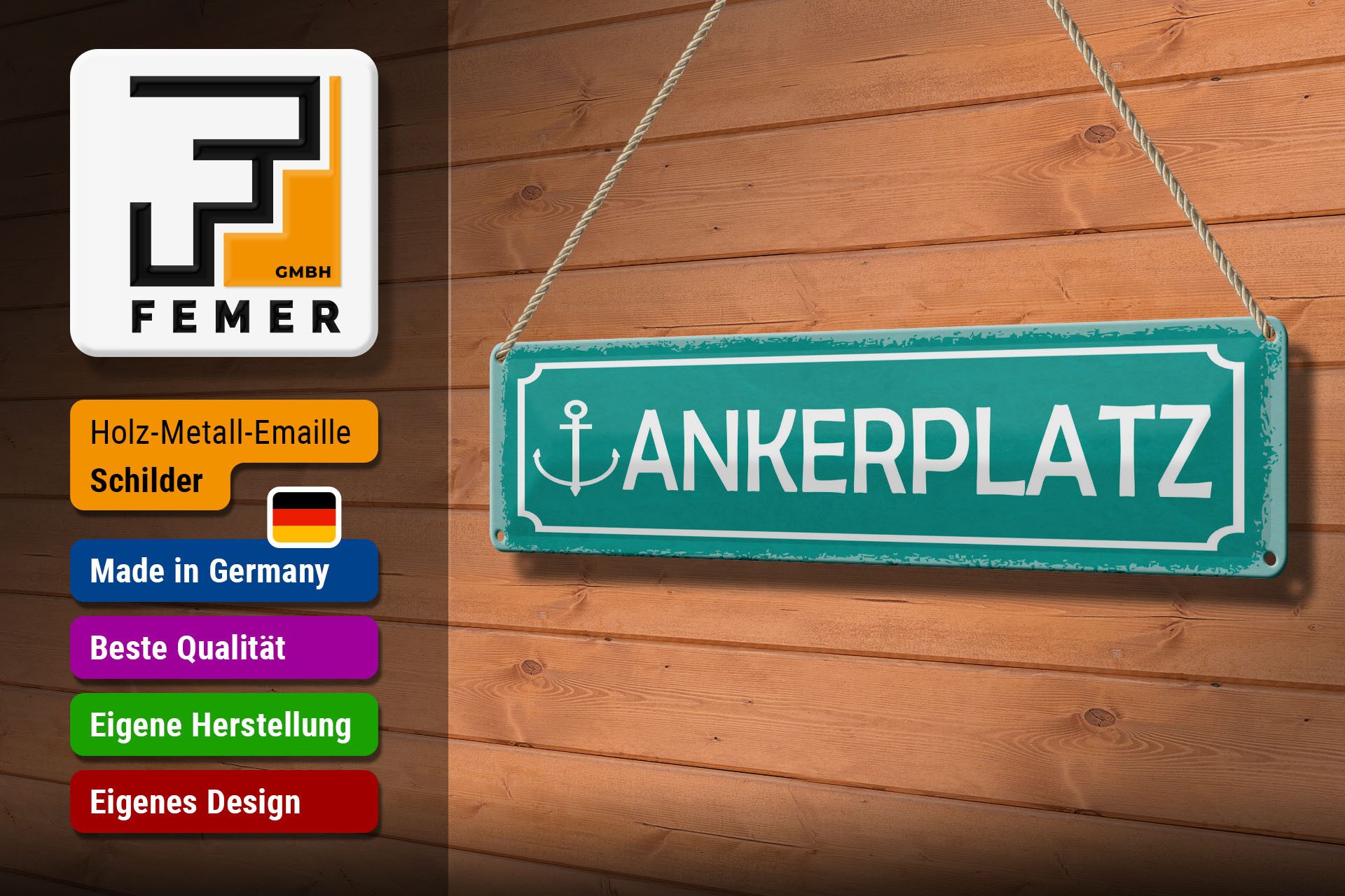 Femer GmbH Metallschild Hinweis 46x10 cm Ankerplatz Anker, (1 St), gewölbte Oberfläche, abgerundete Ecken, umgeschlagene Kanten