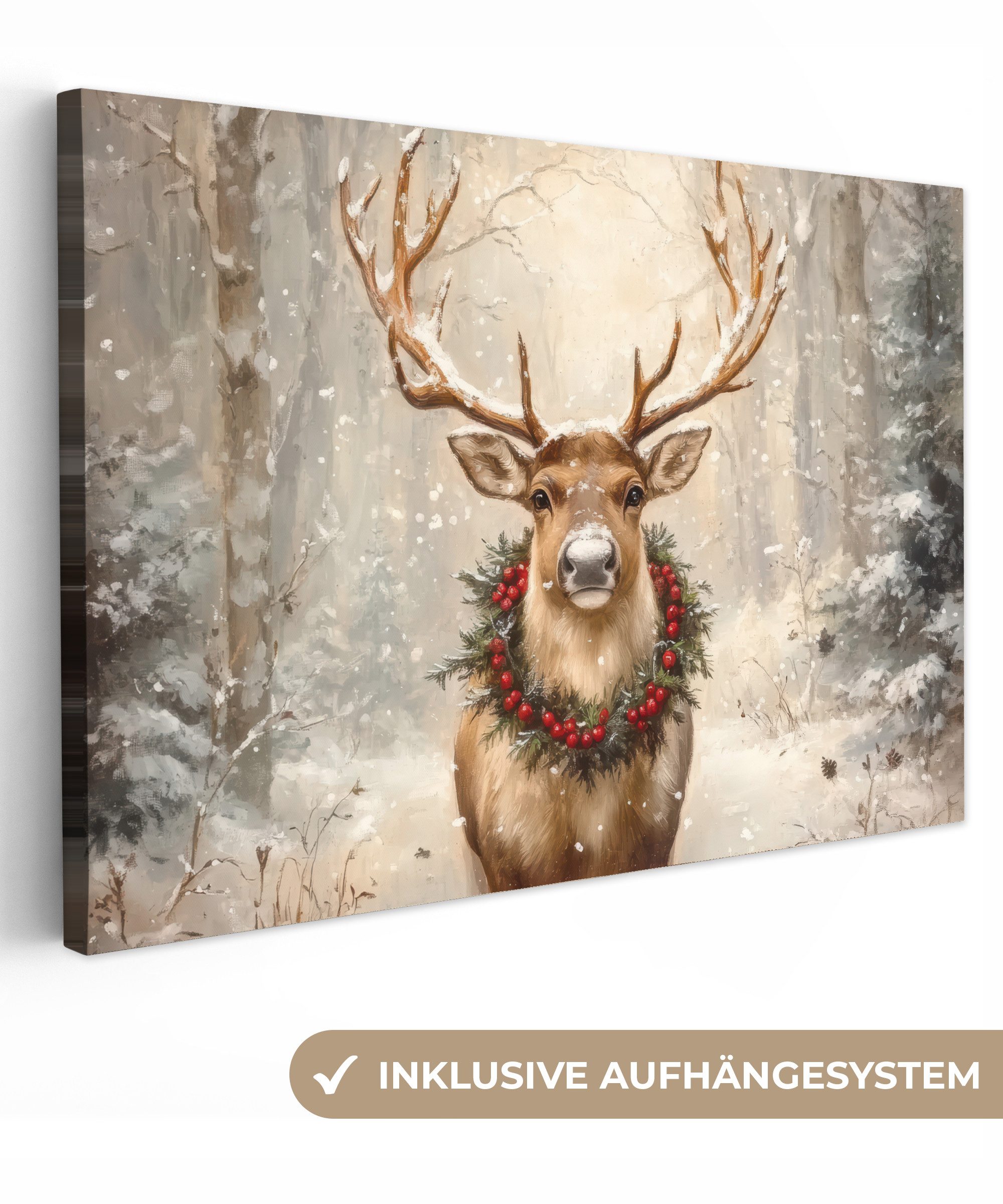 OneMillionCanvasses® Leinwandbild Weihnachten - Rentier - Winter - Kranz, F günstig online kaufen