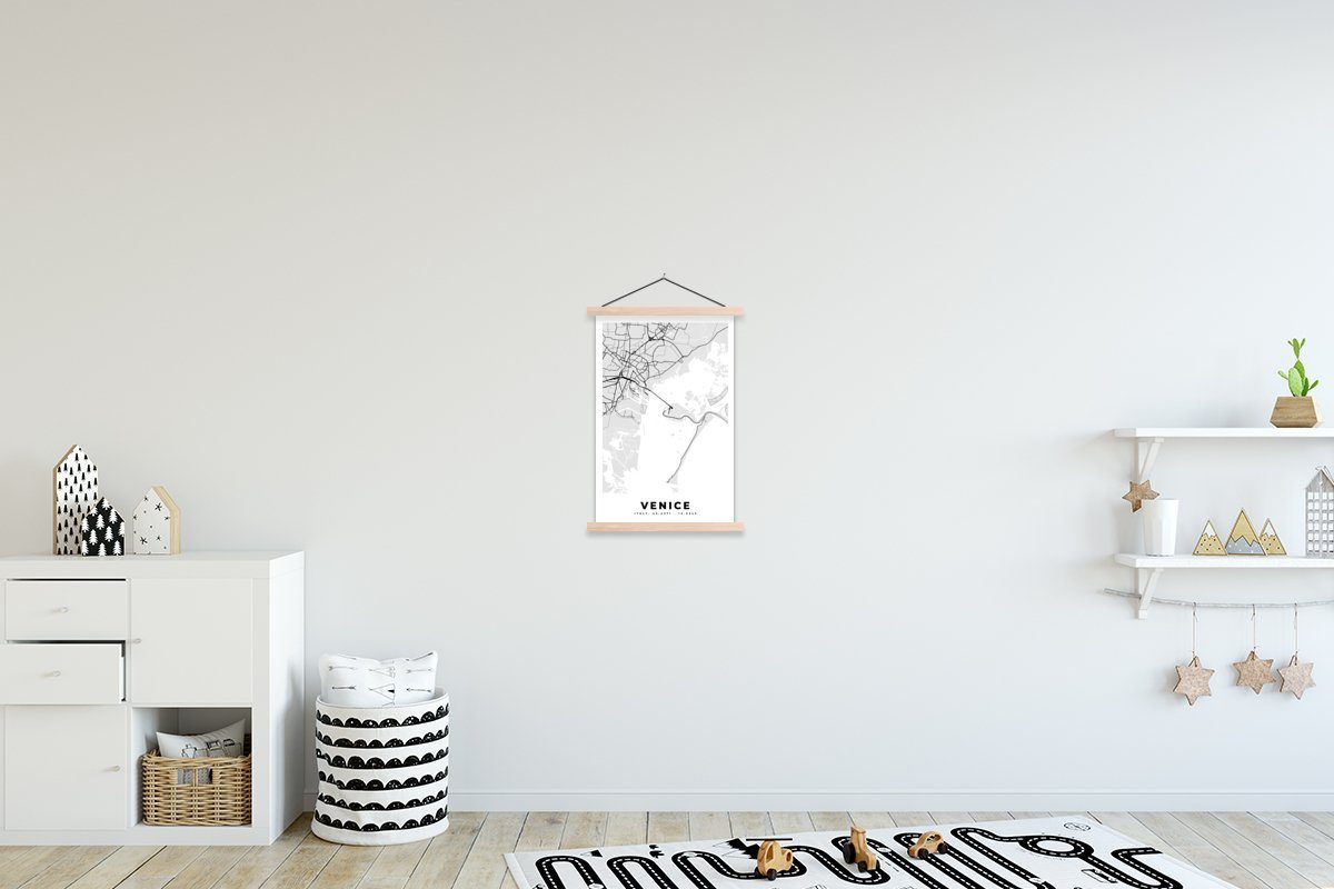 Wohnzimmer, weiß - für und - MuchoWow Venedig Schwarz Karte St), Bilderleiste, Textilposter (1 Stadtplan - Poster Karte, - Magnetisch Posterleiste,