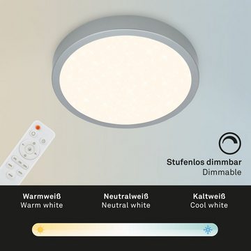 Briloner Leuchten Aufbauleuchte 3701-014, Sternenhimmel, CCT Farbtemperatursteuerung, Fernbedienung, dimmbar, Nachtlicht, Timer, Speicherfunktion, LED fest verbaut, Farbwechsler, Kaltweiß, Neutralweiß, Tageslichtweiß, Warmweiß, Deckenlampe, 28x4cm, Silber, 18W, Wohnzimmer, Schlafzimmer, Küche