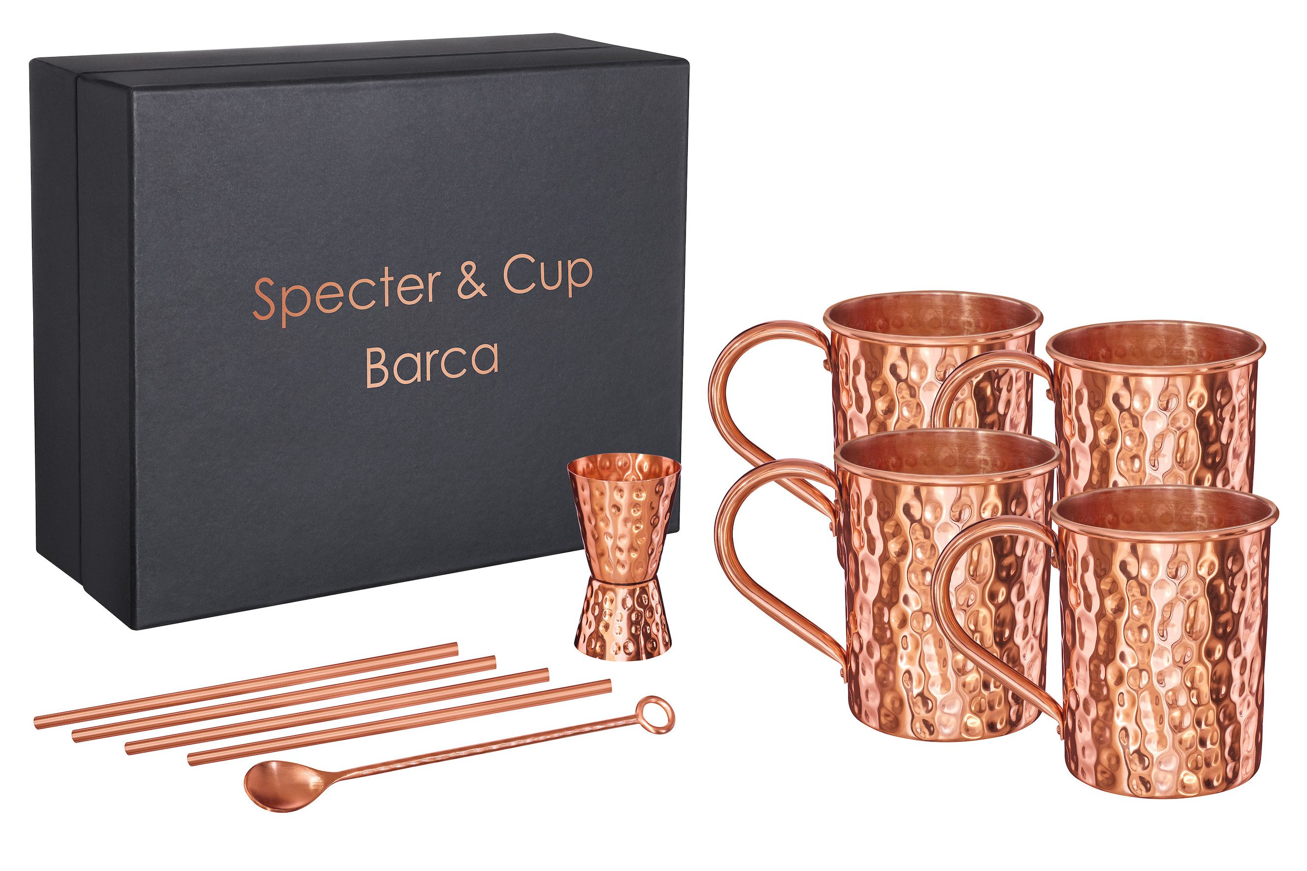 Specter & Cup Cocktail-Set Barca - Kupferbecher 4er-Set + Zubehör, (10-tlg., je 4 Kupferbecher, Strohhalm, je 1 Messbecher, Barlöffel)
