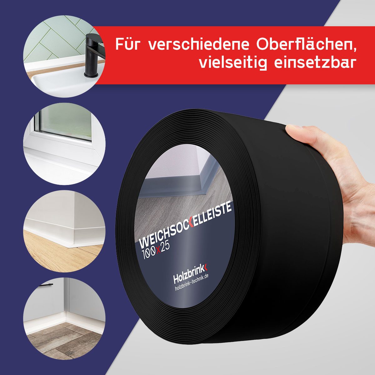 HOLZBRINK Sockelleiste PVC Weichsockelleiste selbstklebend 100x25mm Schwarz, L: 500 cm, 5m Rolle, Küchenabschlussleiste Arbeitsplatte, Fensterleiste, Fensterabdichtung