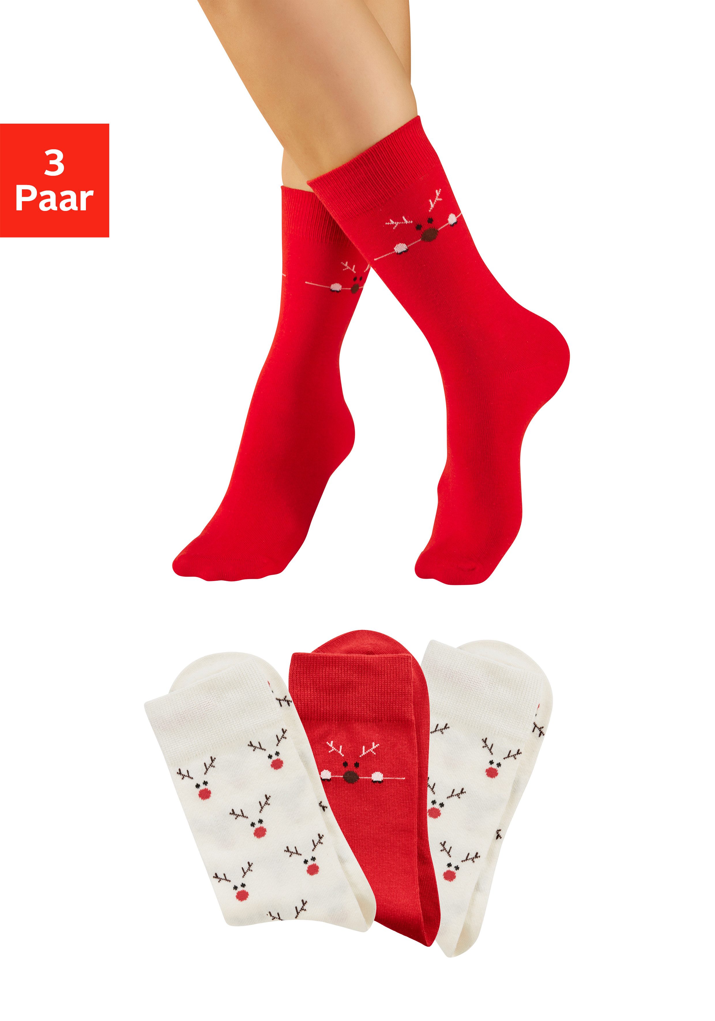 LASCANA Freizeitsocken Weihnachtssocken (Packung, 3-Paar) mit zwei unterschiedlichen Designs