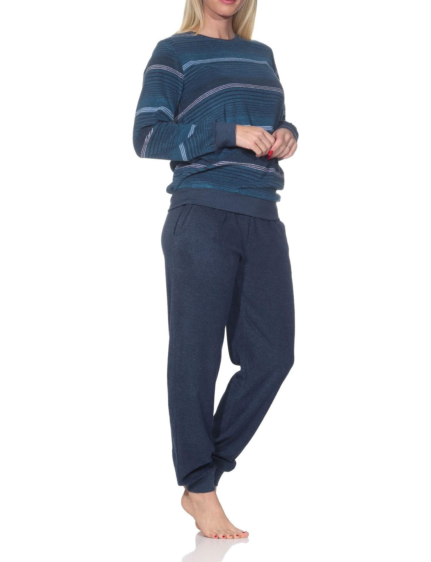 Normann Pyjama Damen Frottee Schlafanzug mit Bündchen in elegantem Streifendesign