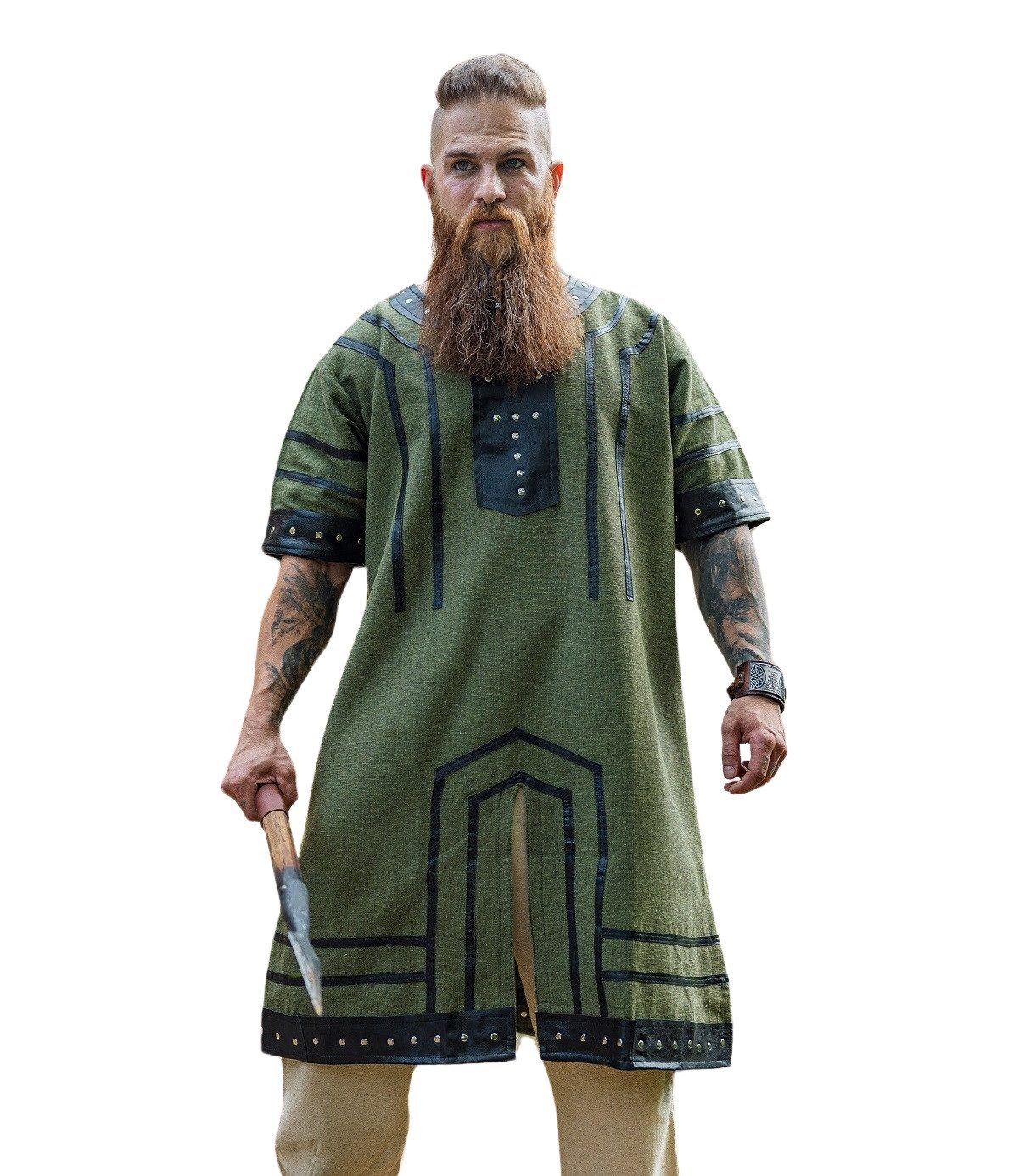 Leonardo Carbone Wikinger-Kostüm Tunika kurzarm "Rollo" mit Echtlederdetails, Metallnieten, geometrische Muster