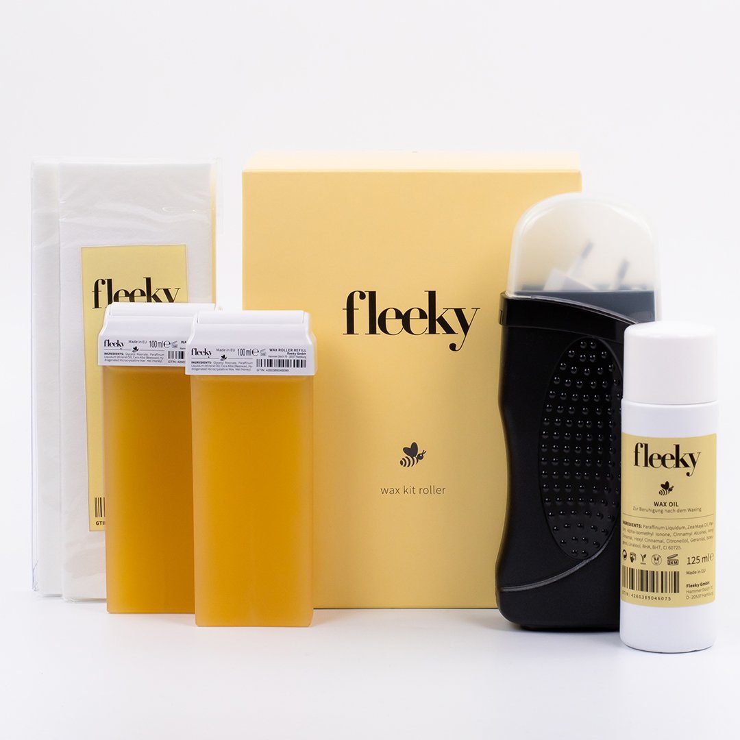 fleeky Warmwachs-Haarentferner Wax Kit Roller für Gesicht & Körper, Spar-Set, 5- teilig, Wax Haarentfernung – glatte Haut bis zu 4 Wochen dank Roll-On