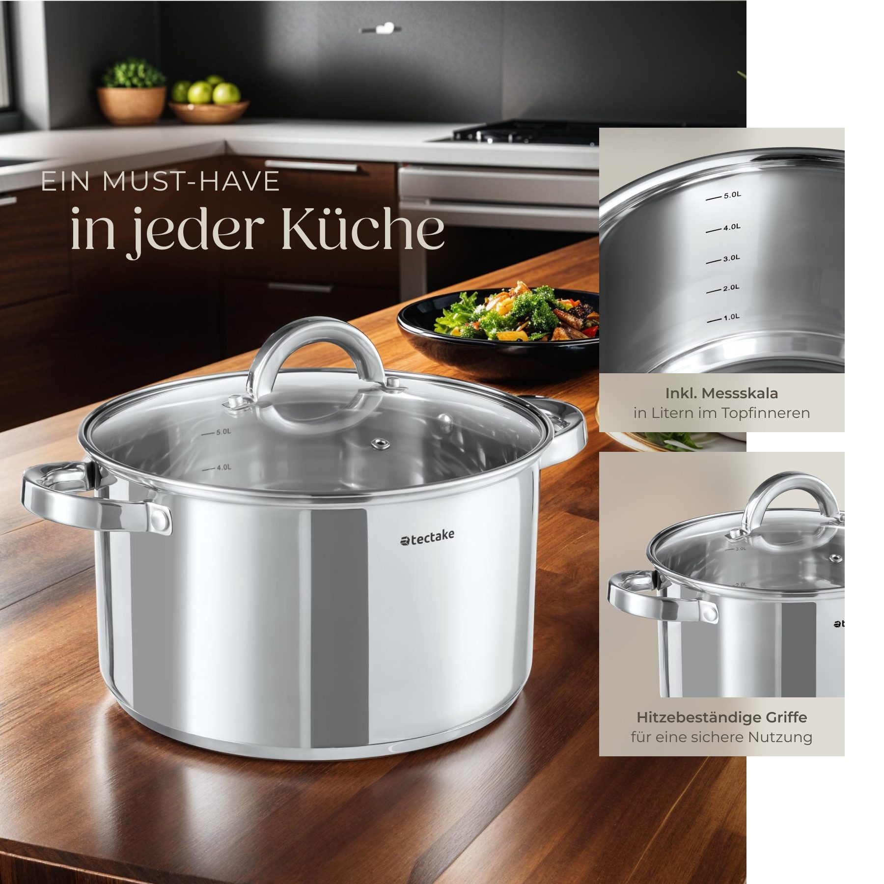 tectake Topf-Set Kochtopfset aus Edelstahl 15-teilig, Messskala in den Töpfen, Edelstahl (Topfset Induktion Turin, 15-tlg., in silber), für Induktion geeignet,  – Bild 3 von 5