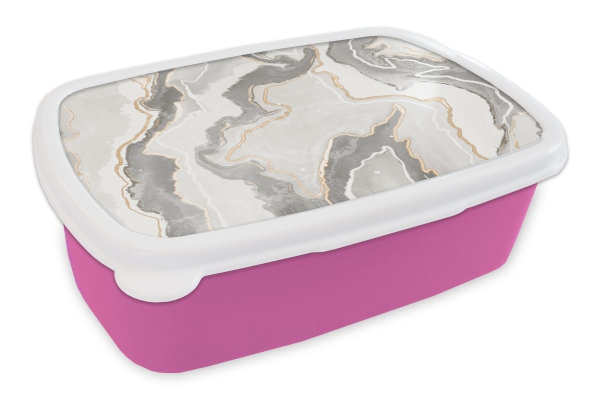 MuchoWow Lunchbox Marmor - Braun - Weiß, Kunststoff, (2-tlg), Brotbox für Erwachsene, Brotdose Kinder, Snackbox, Mädchen, Kunststoff rosa
