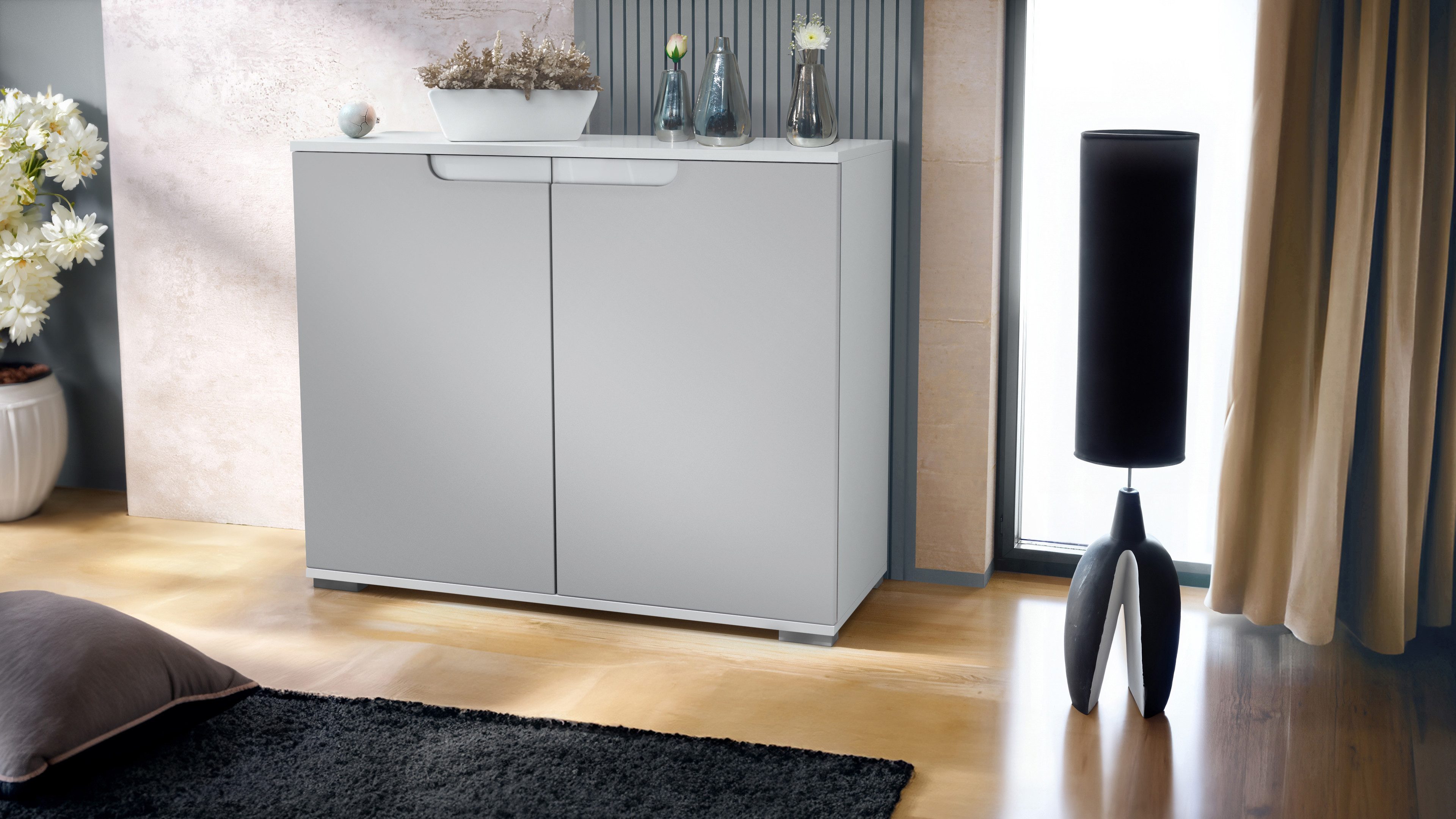 Vladon Kommode Sylt V3 (Moderner Küchenschrank, mit 2 großen Türen), Weiß matt / Hellgrau seidenmatt (92,5 x 75.5 x 35)