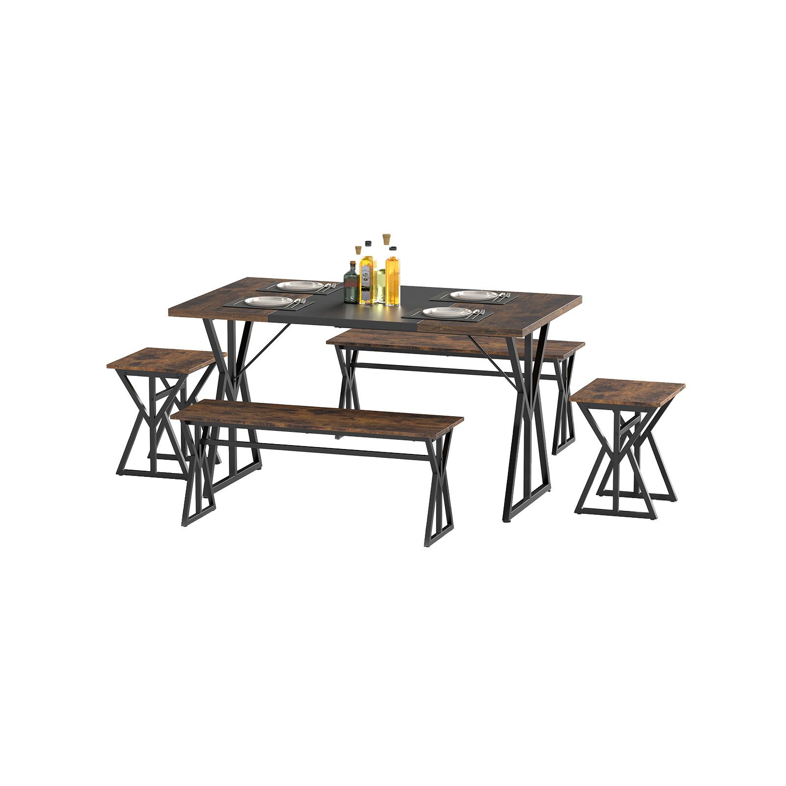 COSTWAY Essgruppe, (5-tlg), Industrieller Esszimmer-Set mit 2 Bänken & 2 Hockern