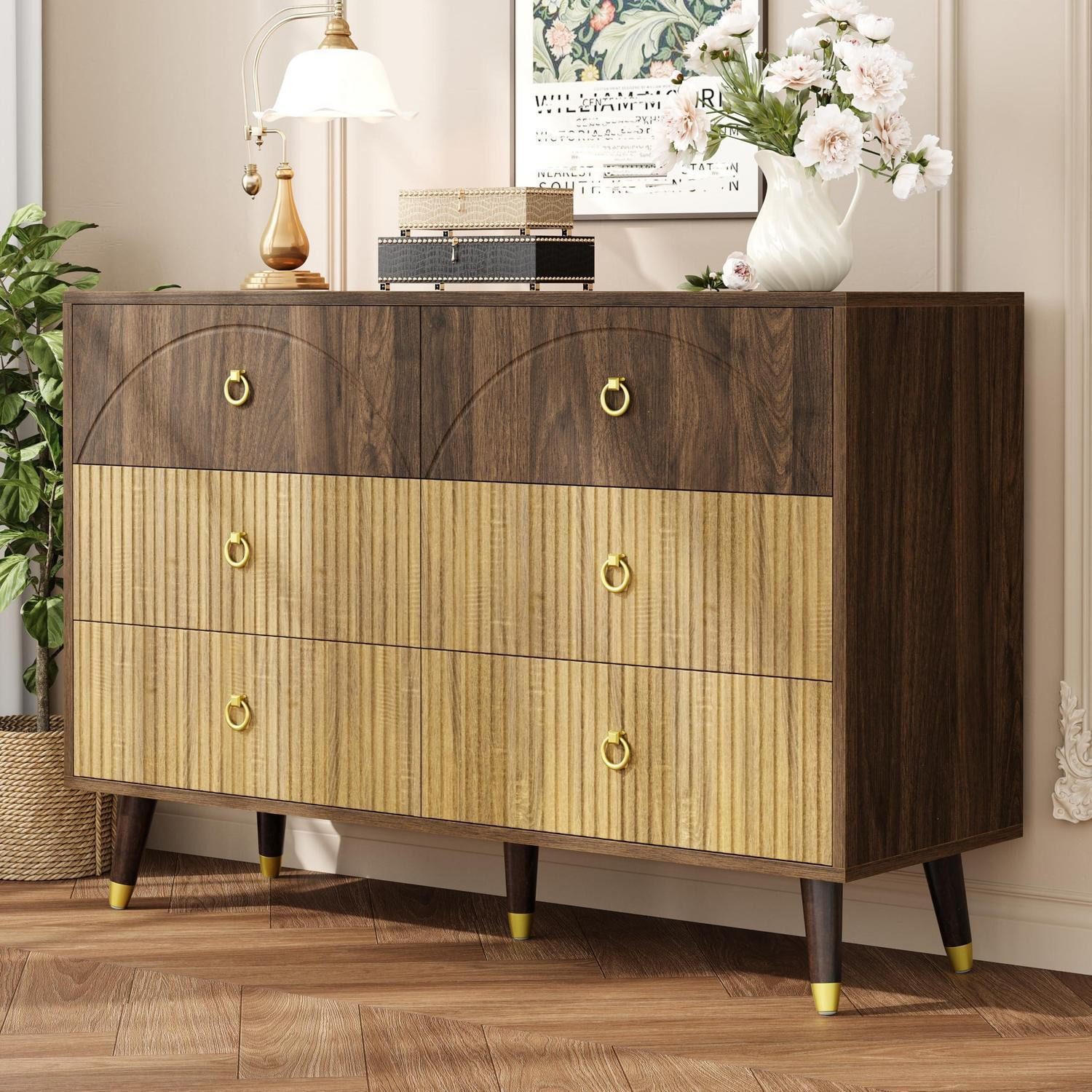 LuxusKollektion Sideboard Sideboard 6 Schubladen Holzmaserung Esszimmer Naturfarbe