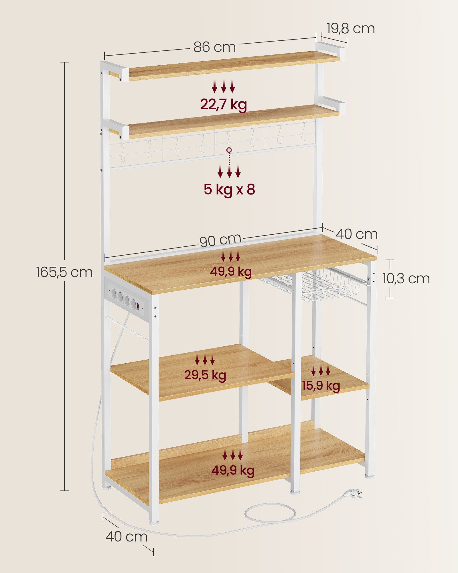 VASAGLE Küchenregal Standregal mit Steckdosen, 8 S-Haken, 40 x 90 x 165,5 cm, Kaffeebar, mit Korb, Bäckerregal, Gewürzregal – Bild 3 von 5
