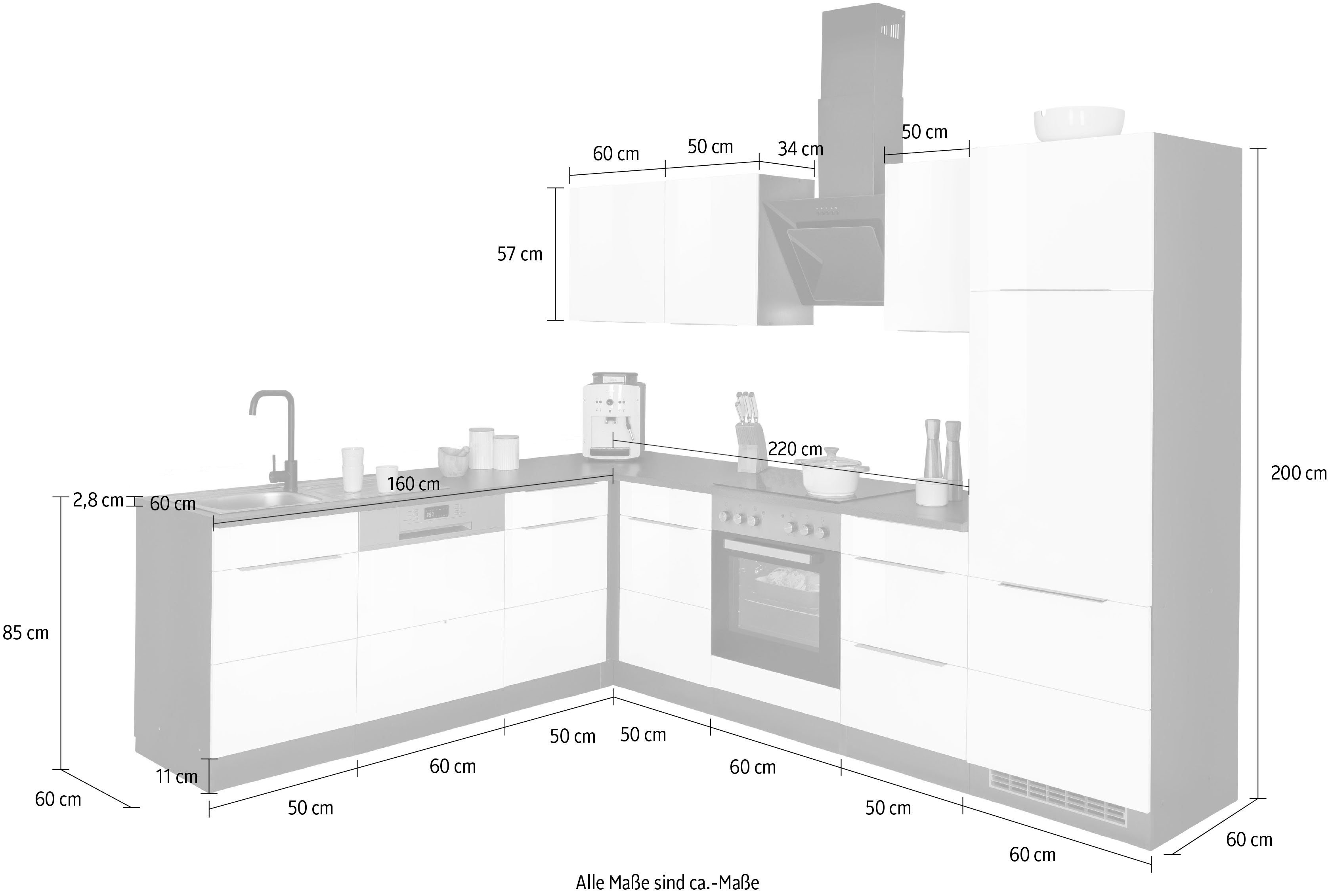 KOCHSTATION Winkelküche KS-Brindisi, Stellbreite 220/280 cm, wahlweise mit E-Geräten, mit MDF-Fronten