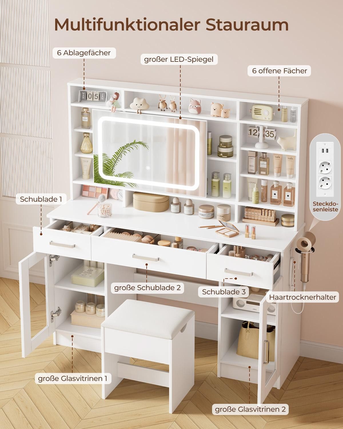 BBG Schminktisch Eleganter Schminktisch mit LED-Spiegel und Hocker, Weiß (Ein Schminktisch, ein Hocker), Schiebespiegel mit Glasvitrinen, Steckdosen und USB, 110x40x140 cm