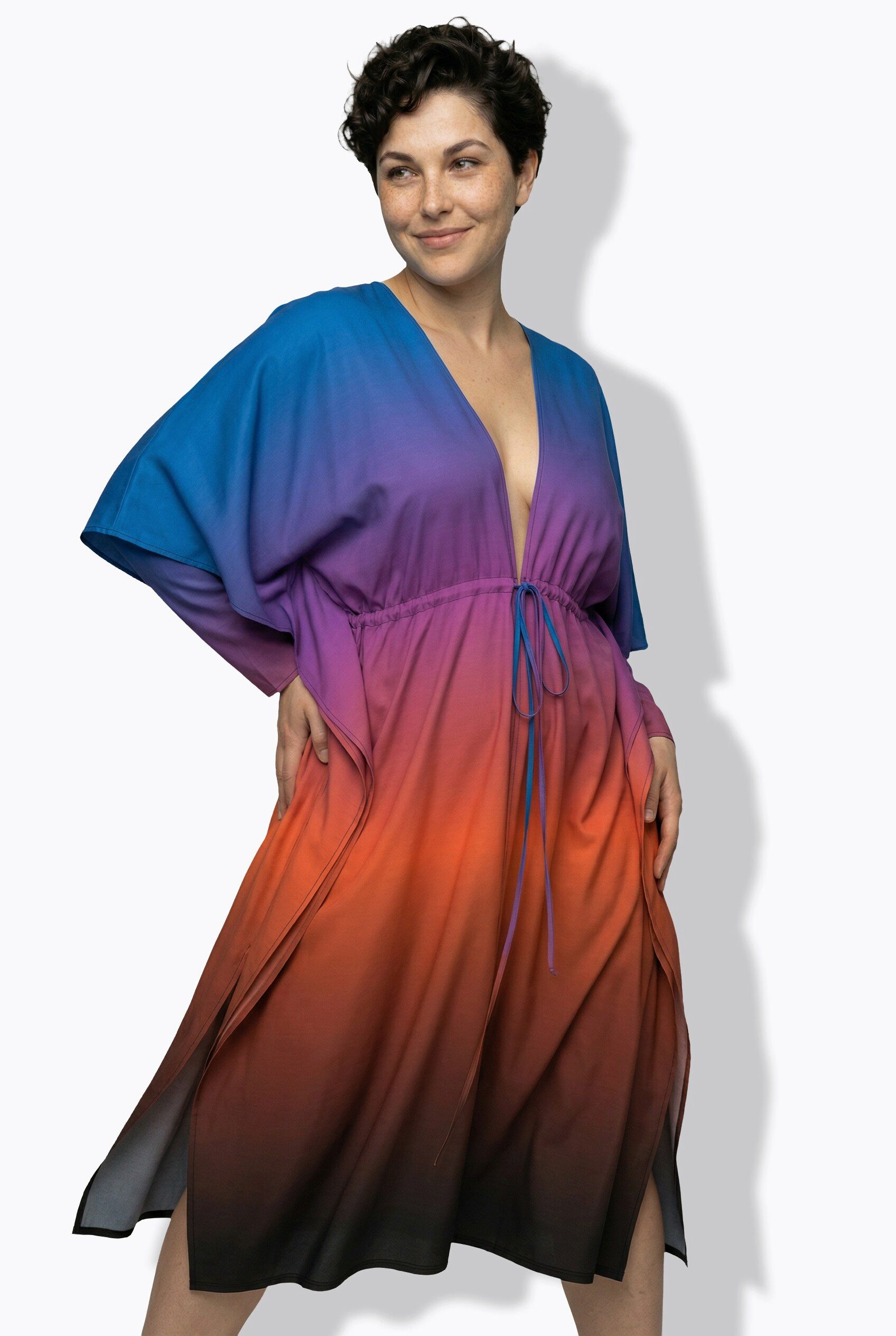Ulla Popken Strandkleid Kaftan Farbverlauf Palmen V-Ausschnitt Halbarm