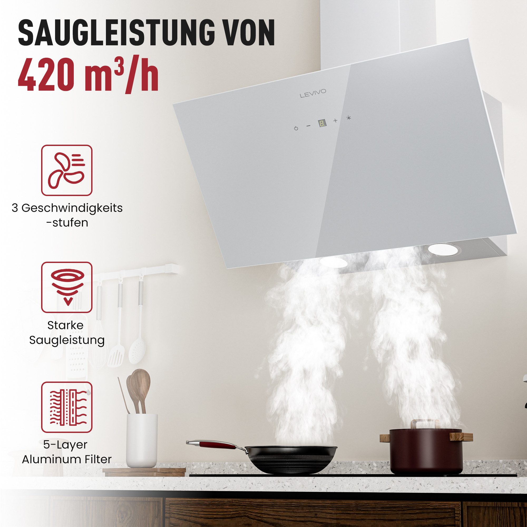 Levivo Kopffreihaube A+++ 420 m³/h Dunstabzugshaube 60cm und 80cm Umluft & Abluft mit 2 Aktivkohlefiltern, 1 Fettfilter, 3 Stufen, Booster, 2 LEDs – Bild 3 von 5