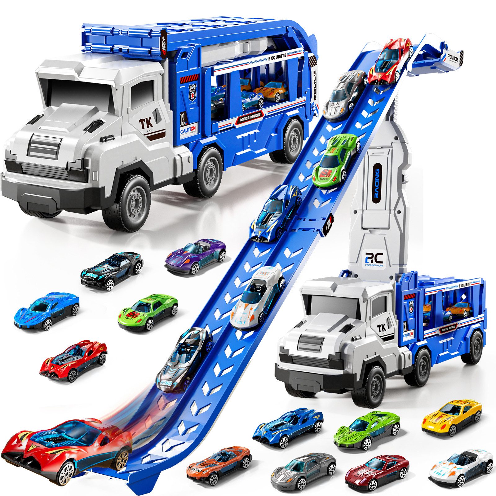 TEMI Spielzeug-Auto Transform Rennbahn LKW Spielzeug Set mit 12 Druckguss Autos
