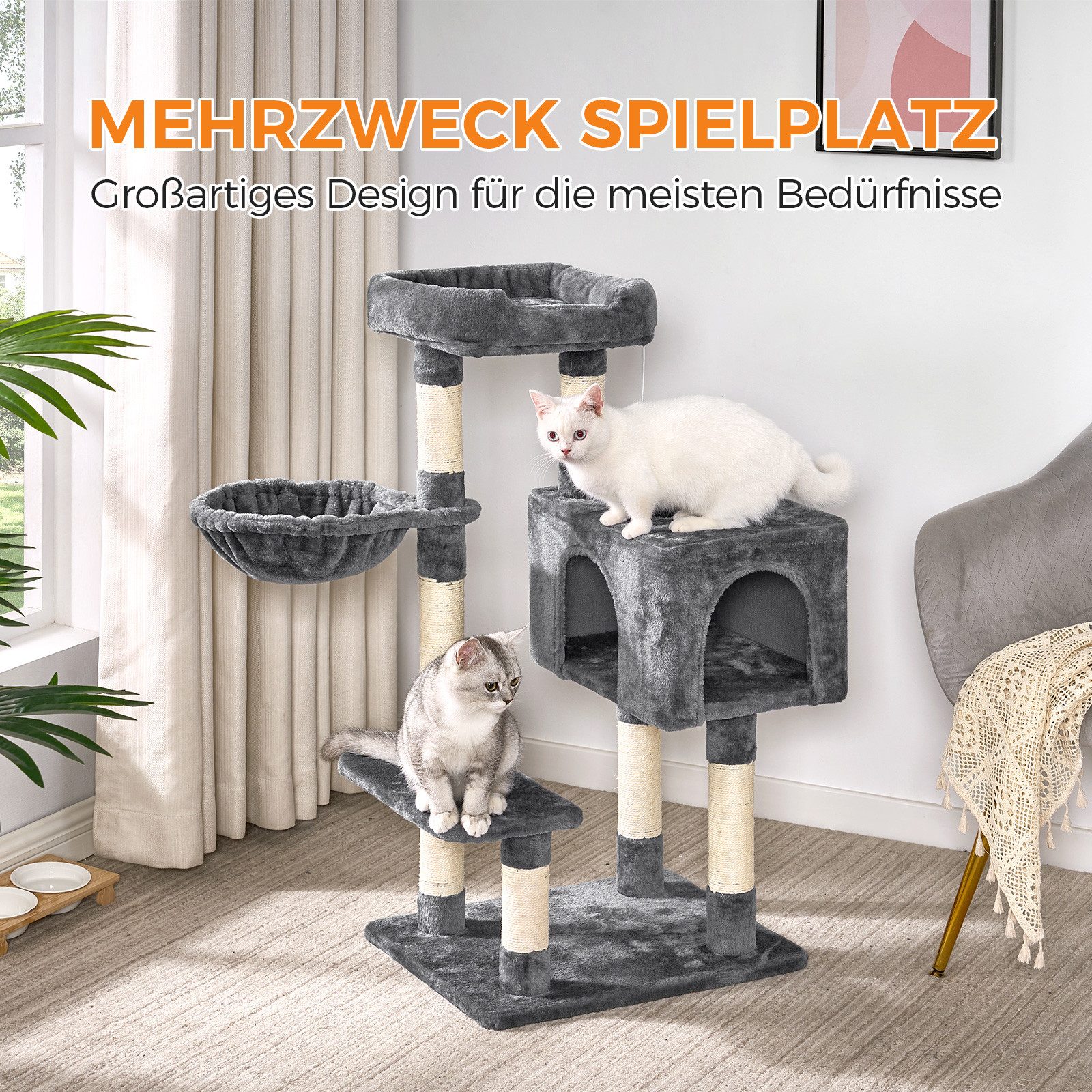 Dogat Kratzbaum 98cm Kratzbaum, Kompakt, mit Hängematte, mit Aussichtsplattform Katzenhöhle & Kratzstämme Plüschball