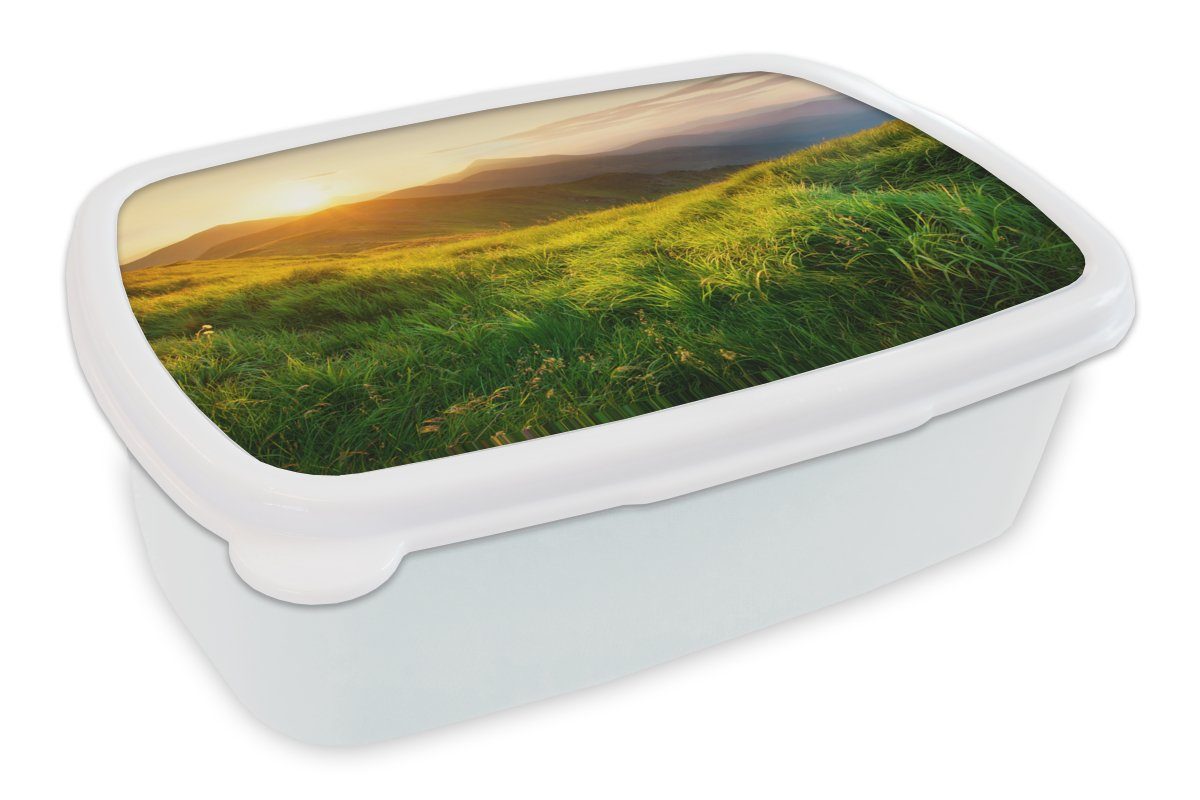 und - MuchoWow (2-tlg), und Jungs Brotdose, - für Mädchen - - Erwachsene, Lunchbox weiß Sonne Landschaft, Gras Natur Kinder Hügel Brotbox für Kunststoff,
