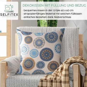Selfitex Dekokissen Sofakissen 60x60 cm, incl. Füllkissen, Zierkissen, edler Leinenstoff, extra weich und bequem, Kissen mit modernem Trendmuster (Mandala)