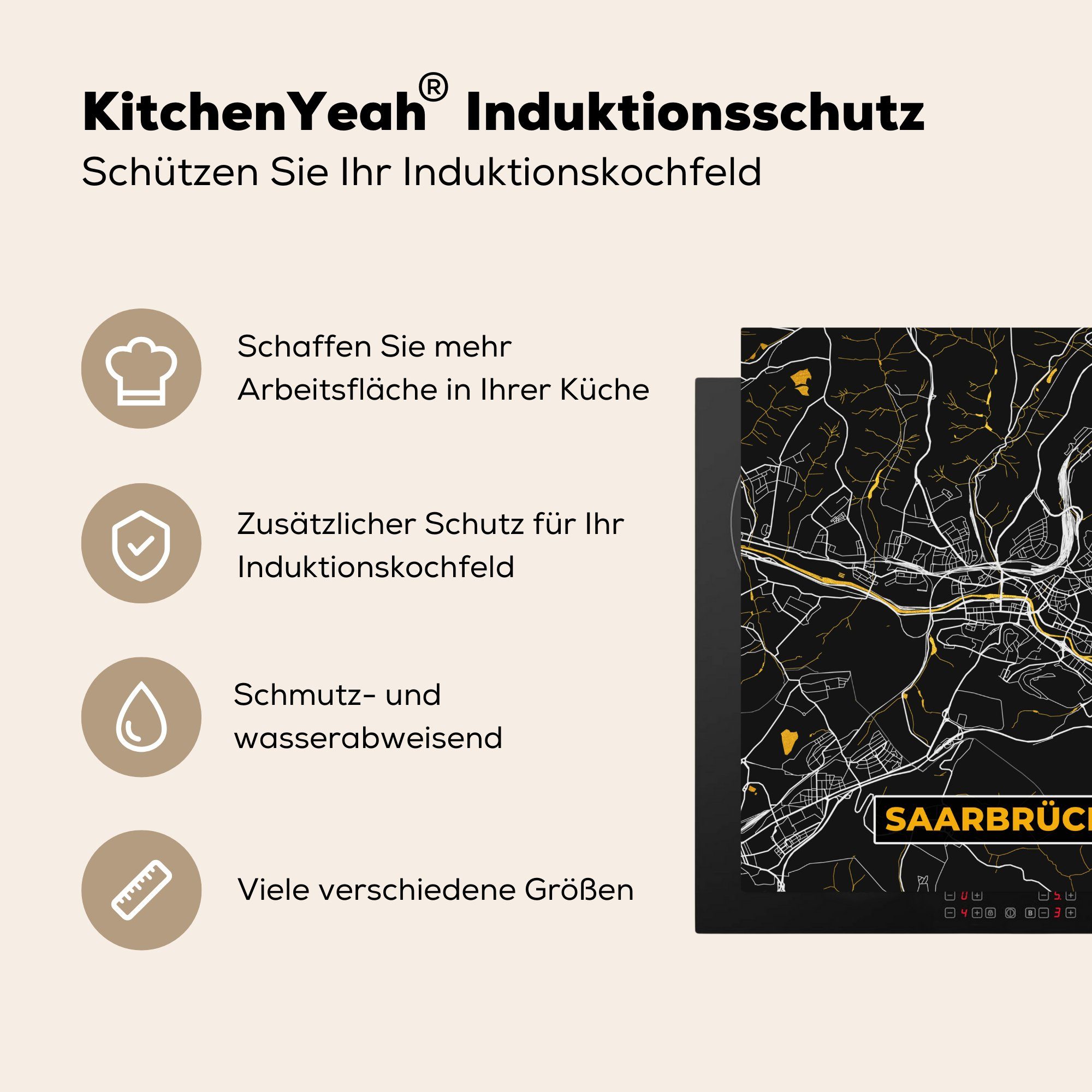 MuchoWow cm, 78x78 - Herdblende-/Abdeckplatte küche - und Ceranfeldabdeckung, Stadtplan Deutschland für (1 Arbeitsplatte tlg), Karte, Saarbrücken - Gold Schwarz Vinyl, -