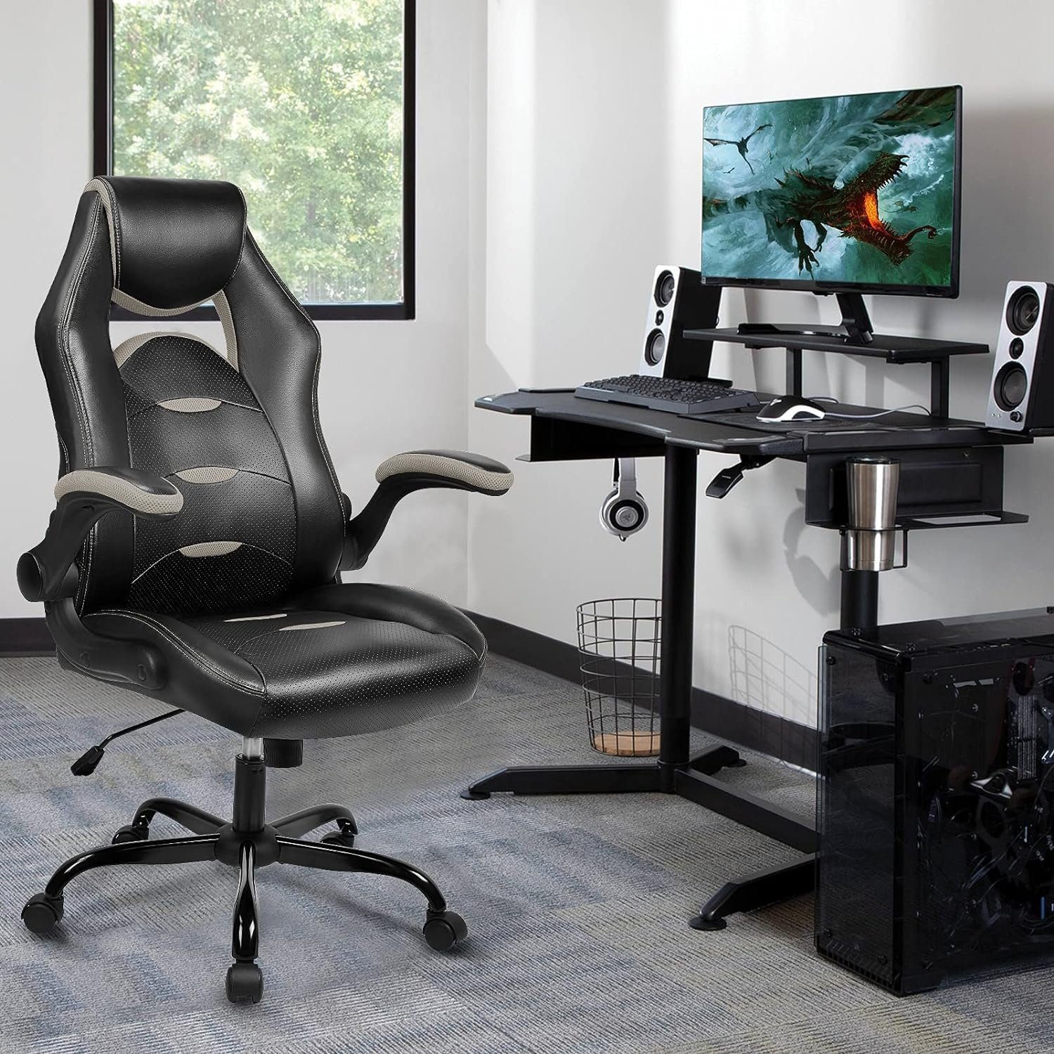 mit armlehnen, sitzfläche, Bürostuhl Gaming-Stuhl hochklappbarer 150KG hoher Rollen), Drehstuhl und BASETBL ergonomisch, bis (PC Stuhl mit breite Rückenlehne klappbaren Chefsessel, Atmungsaktiv