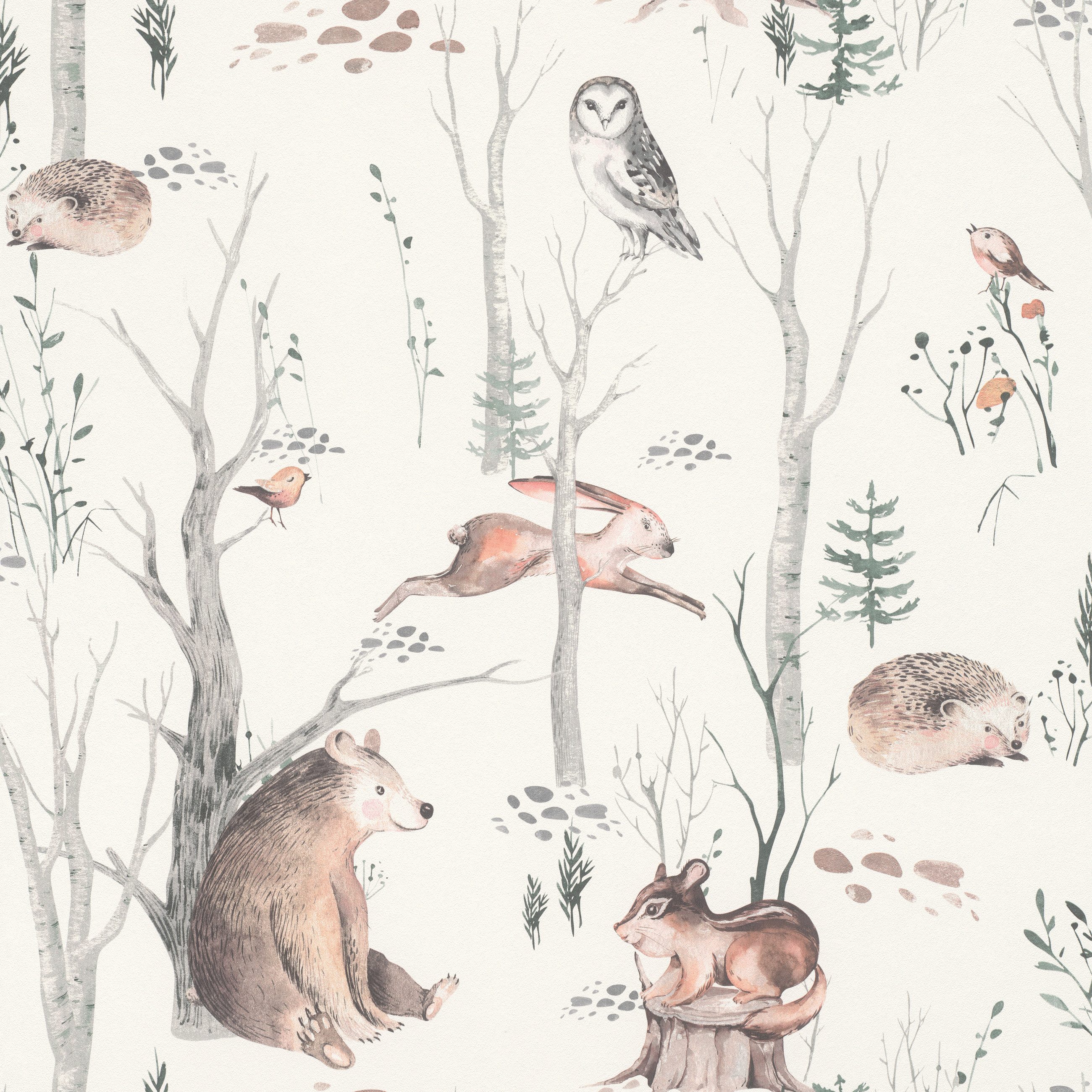 Rasch Vliestapete Waldtiere Beige Grau Braun Grün, Naturoptik, (1 Rolle, 1 St., Kollektion 'Kids World II' - 10,05 m x 0,53 m), gute Lichtbeständigkeit, feucht abwischbar, restlos abziehbar