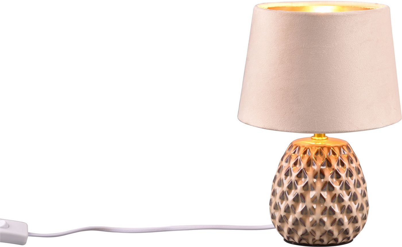 Reality Leuchten Schreibtischlampe ARIANA Tischleuchte exkl 1xE14 max40W Höhe 27cm Ø 18cm Nachttischlampe, Ein-/Ausschalter, Leuchtmittel wechselbar, warmweiß - kaltweiß, Struktur Keramik Samt Schirm innen gold,Tischlampe mit Schnurschalter