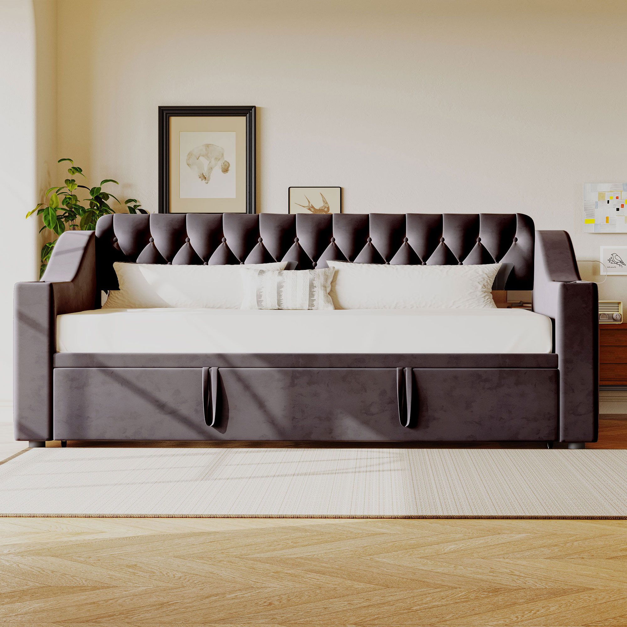 Odikalo Schlafsofa Schlafcouch 90x190 mit Lattenrost & USB Ohne Matratze, Polsterbett Schlafsofa, 90/180*190 cm, Breitere und Dickere Armlehnen mit USB-Ladeansc – Bild 3 von 5