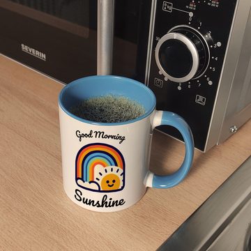 speecheese Tasse Regenbogen und Sonne Kaffeebecher in hellblau mit Spruch Good Morning