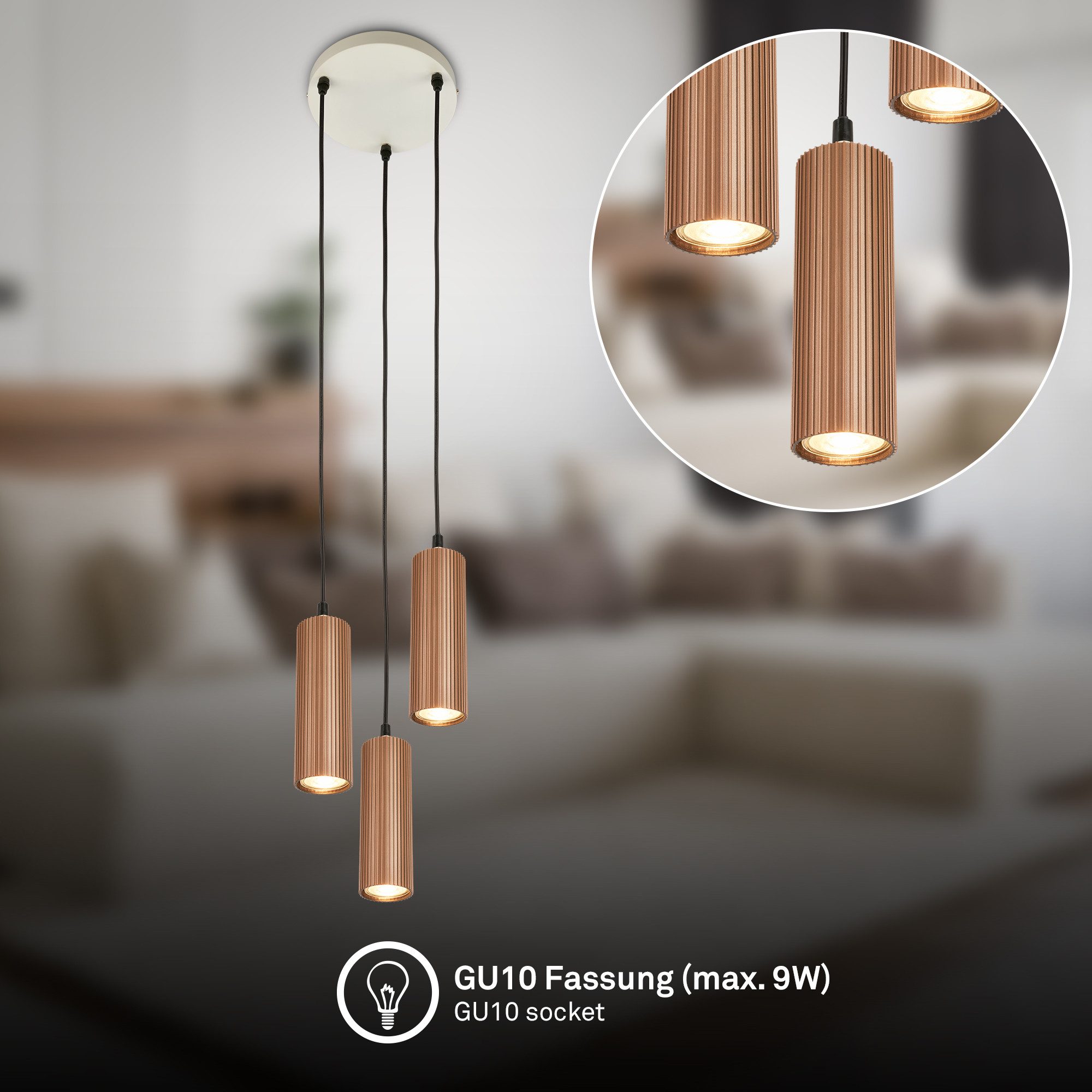 Briloner Leuchten LED Pendelleuchte Hängelampe Höhenverstellbar GU10 Riffle-Optik, 3-Flammig, ohne Leuchtmittel, Abhängig vom Leuchtmittel, 20x120 cm, Esszimmer, Esstisch, Wohnzimmer