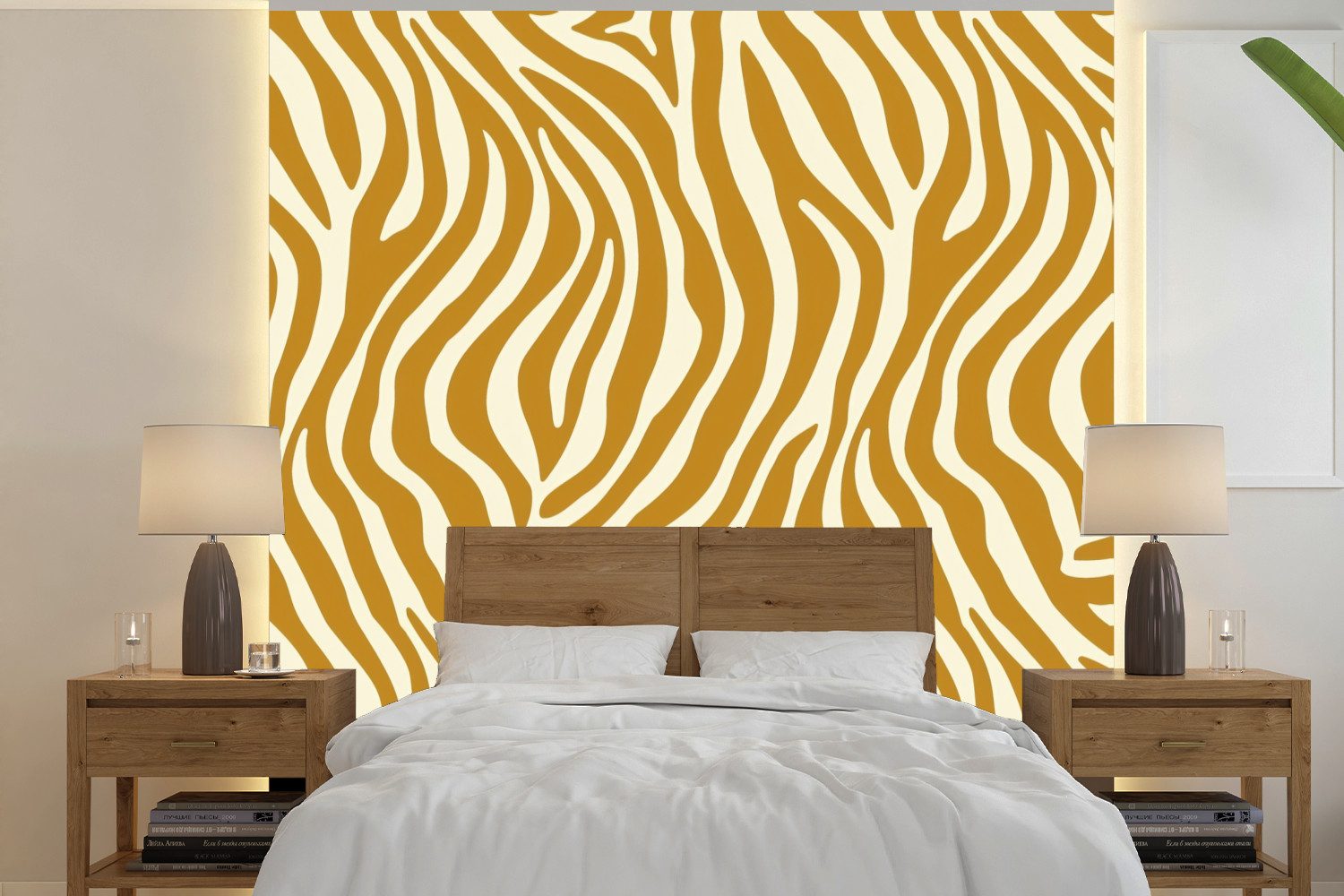 MuchoWow Fototapete Zebra - Klassisch - Ocker - Gelb, Matt, bedruckt, Vinyl Tapete für Wohnzimmer oder Schlafzimmer, Wandtapete, 350x350 cm