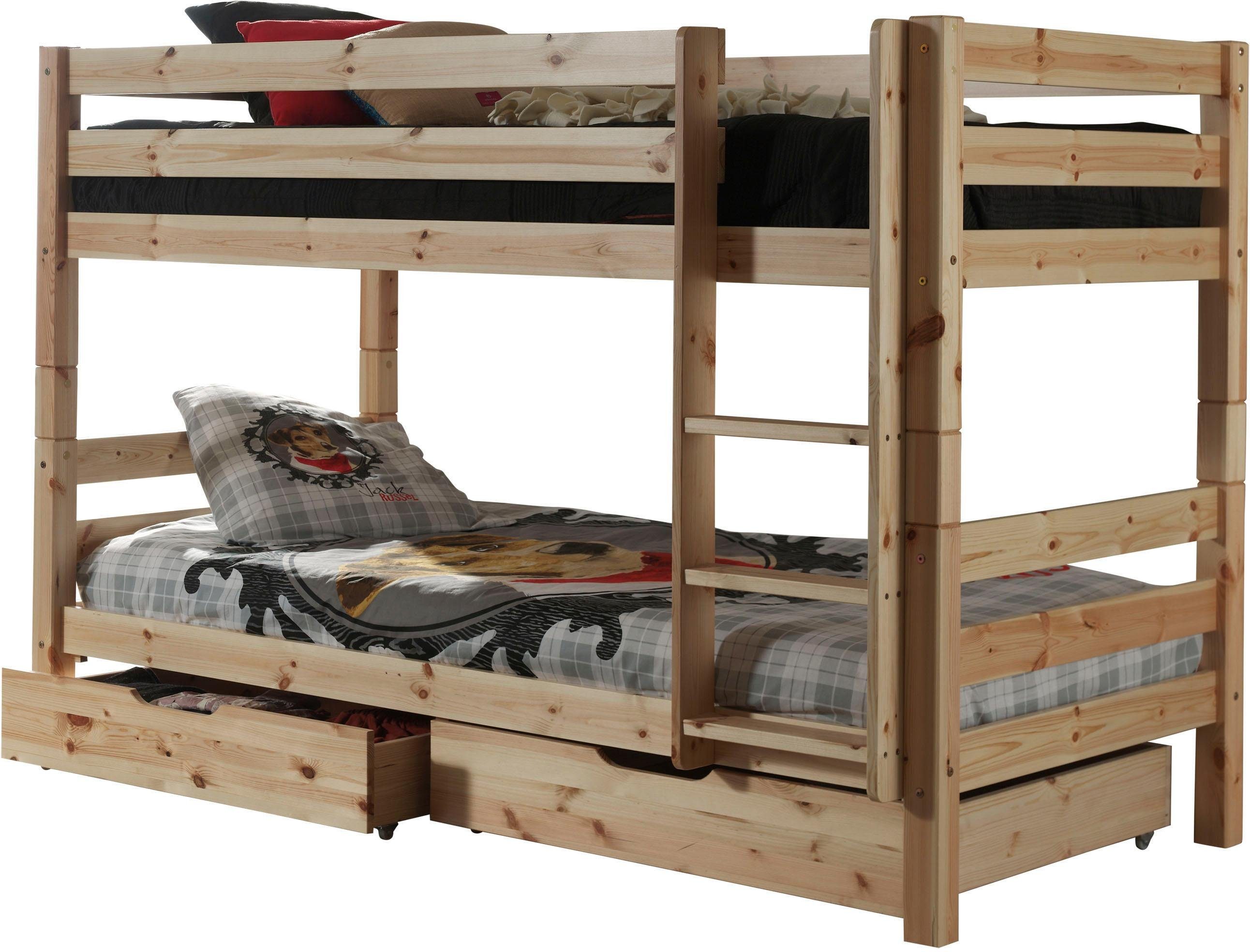 Vipack Etagenbett Pino, Kiefer massiv, sehr standfest, Made in Europe (B/H/T ca. 210x140x105cm, inkl. Rolllattenroste, Absturzschutz), inkl. Leiter und 2 Schubladen, wahlweise Ausf. Weiß oder Natur