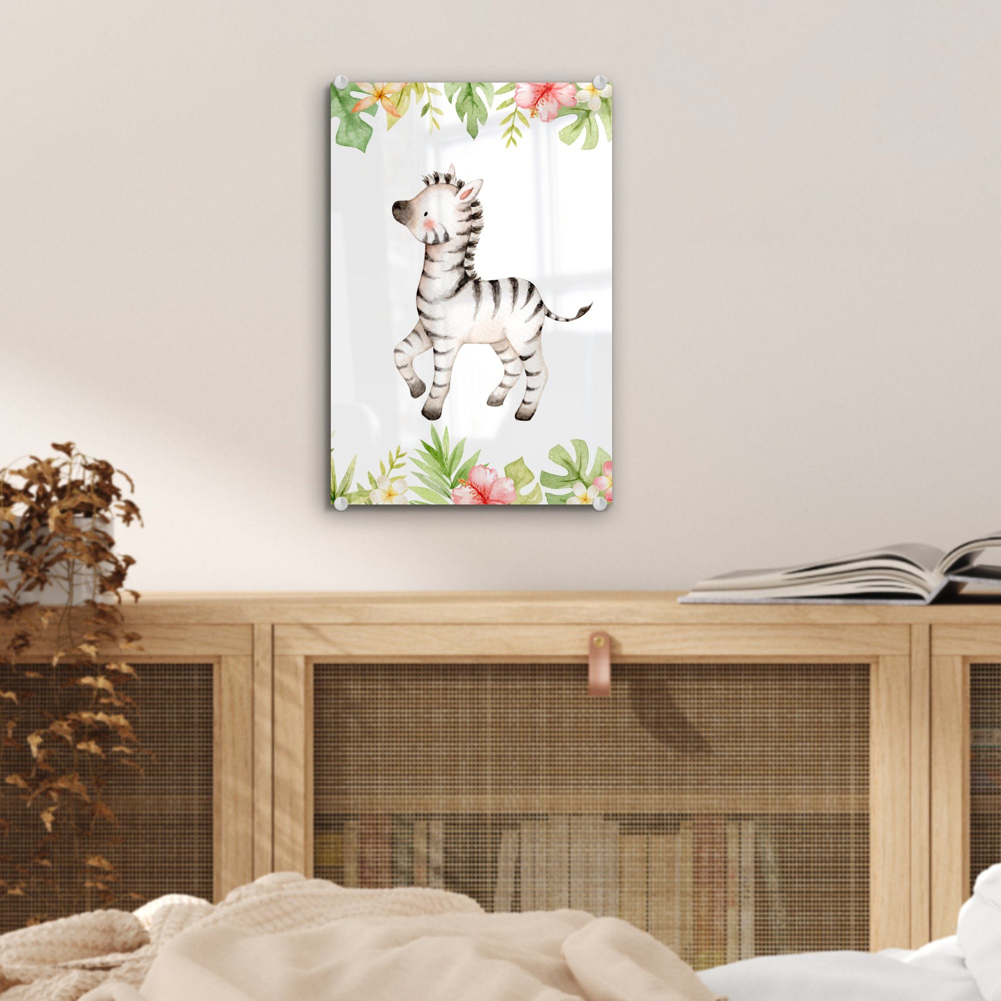 MuchoWow Acrylglasbild (1 Bilder auf Glasbilder Blumen Pflanzen, - Glas - Wanddekoration St), Glas - Dschungel Zebra - Foto auf - - Wandbild