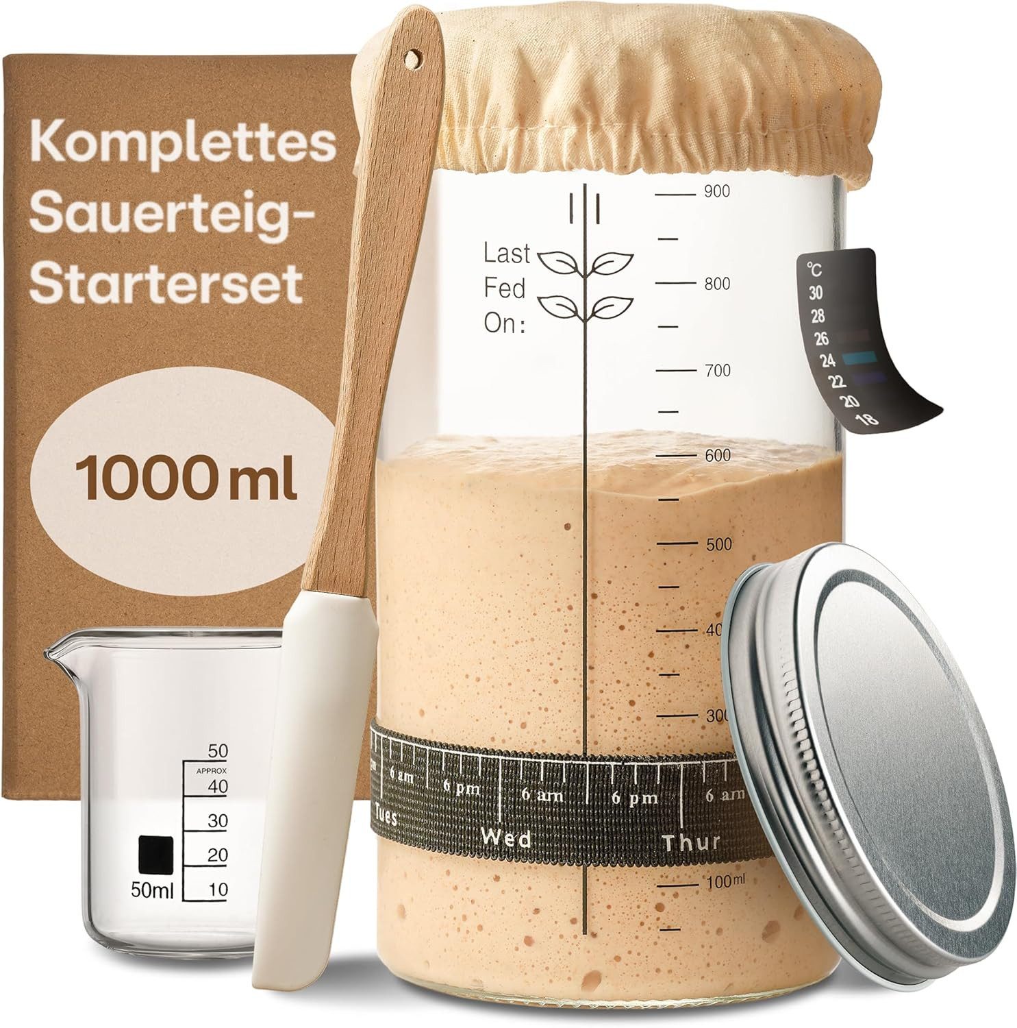 Praknu Fermentationsglas Sauerteig Starter Set aus Glas (1000ml) Komplett-Set mit Anleitung, Glas, Silikon, Baumwolle, Metall, (Starter Set, Komplett-Set für Sauerteigkultur), Эко-товар, plastikfrei, spülmaschinengeeignet, für Anfänger