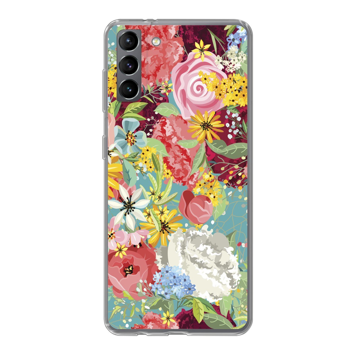 MuchoWow Handyhülle für Samsung Galaxy S21 Plus Eine farbenfrohe Illustration mit Blumenmu, Phone Case, Silikon, Schutzhülle Dünn