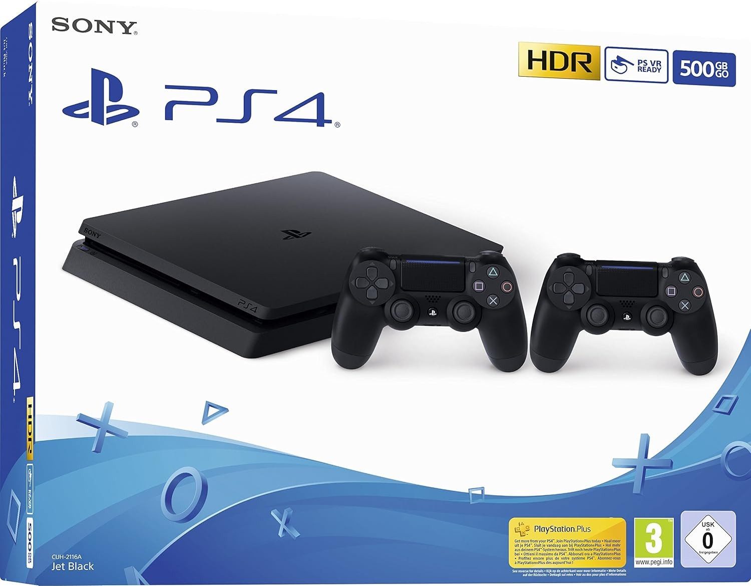 PlayStation 4 PS4 Konsole Slim 500GB + 2 Controller (Konsolen-Set mit 500GB PS4 Slim und 2 Wireless Controllern), Blu-ray-/DVD-Laufwerk, HDR-Unterstützung