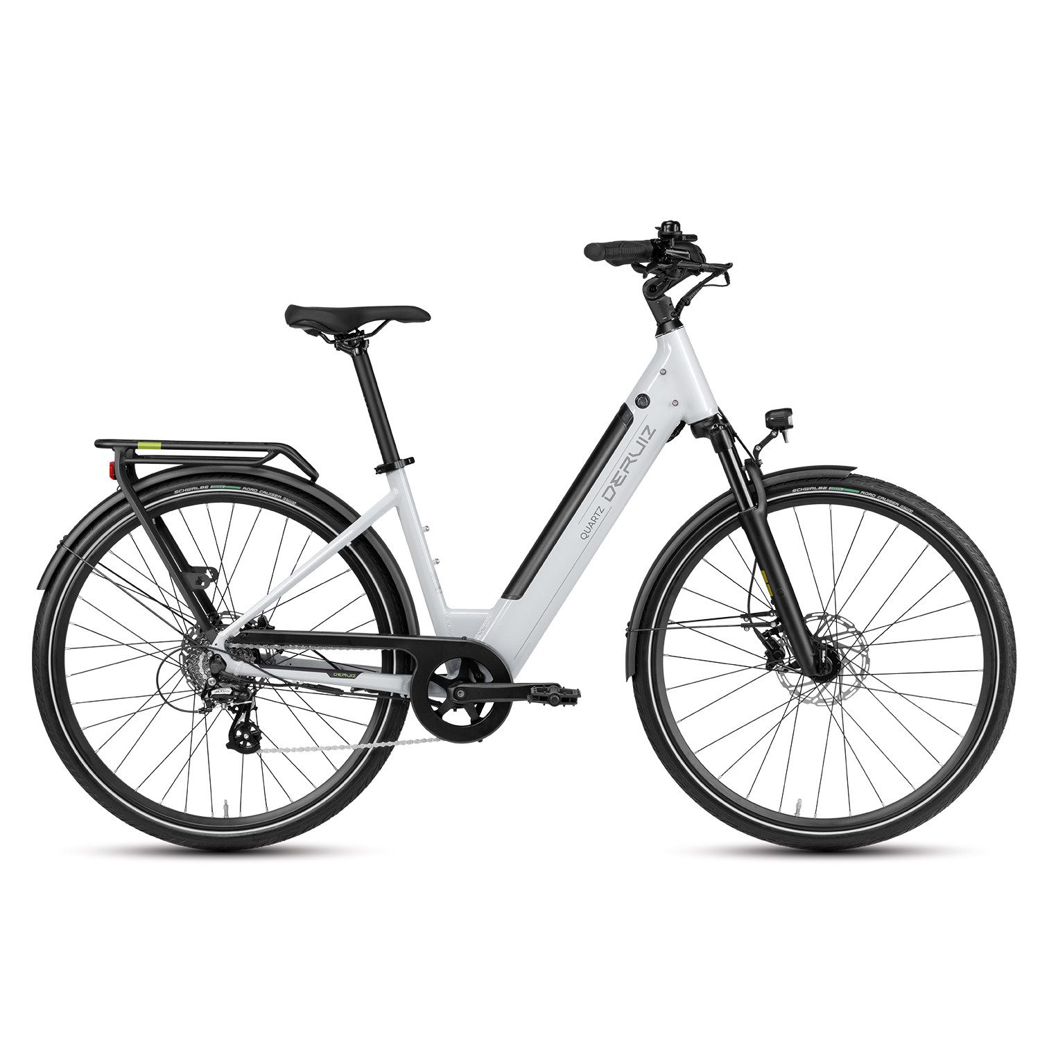 DERUIZ E-Bike Cityrad 28 Zoll Quartz 2.0, 55 Nm, 644 Wh, bis 161 km, ca. 24 kg, 8 Gang SHIMANO Altus RD-M310 Schaltwerk, Kettenschaltung, Heckmotor, 644 Wh, (5 Stufen, Aluminium-Schutzbleche), Tiefeinsteiger, Road Cruiser Reifen, Gepäckträger bis 25 kg