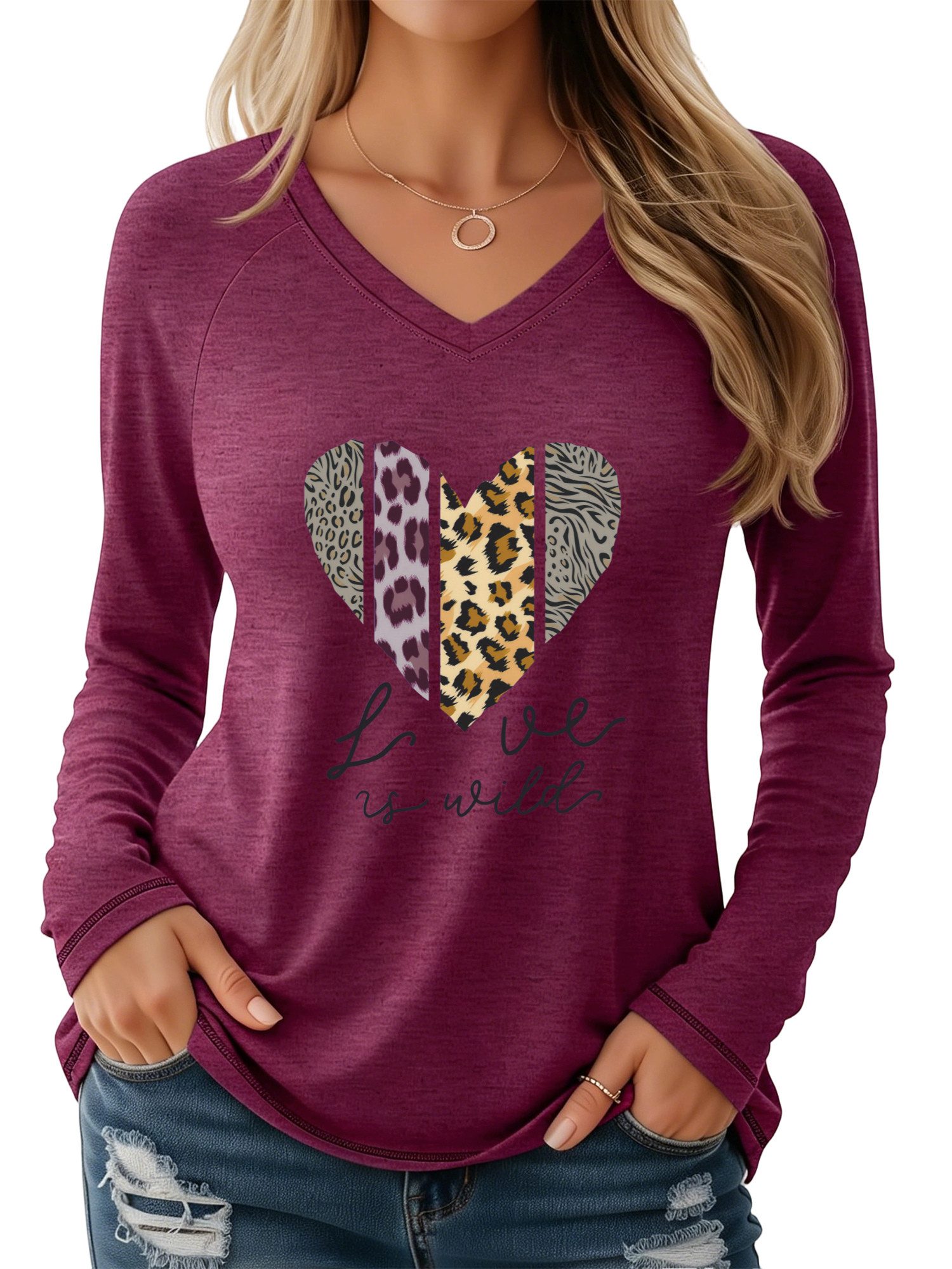 PYLIKE Longsleeve Damen V-Ausschnitt Longsleeve mit Herz mit Leopardenmuster Print-Shirt Geeignet für den täglichen Gebrauch im Büro und zu Hause