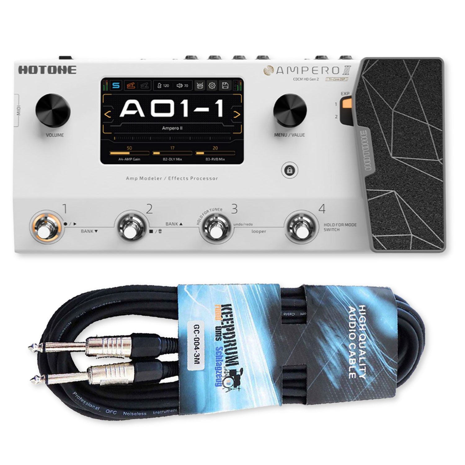 Hotone E-Gitarre Hotone Effektgerät Ampero II Amp-Modeler mit Kabel, Digital, 1-St., Effektgerät, Vorteils-Set mit Kabel