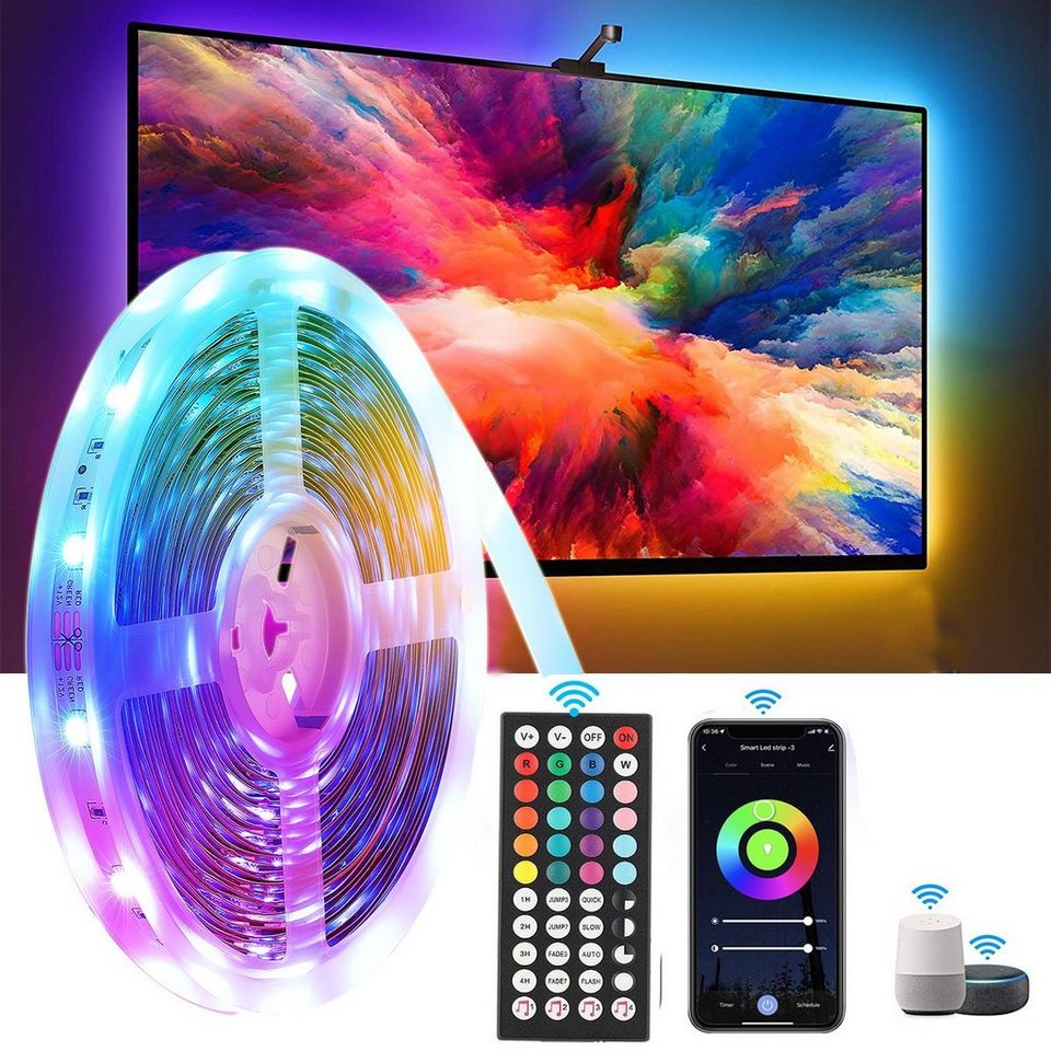 oyajia LED Stripe 5m/10m WIFI RGB LED Streifen, Musik Sync Farbwechsel LED  Band Lichter, App-steuerung, Dimmbar, LED Band für Alexa und Google  Assistant